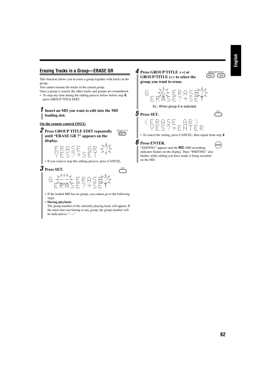 JVC UX-J99DVD manual Erasing Tracks in a Group-ERASE GR, Ex. When group 6 is selected 