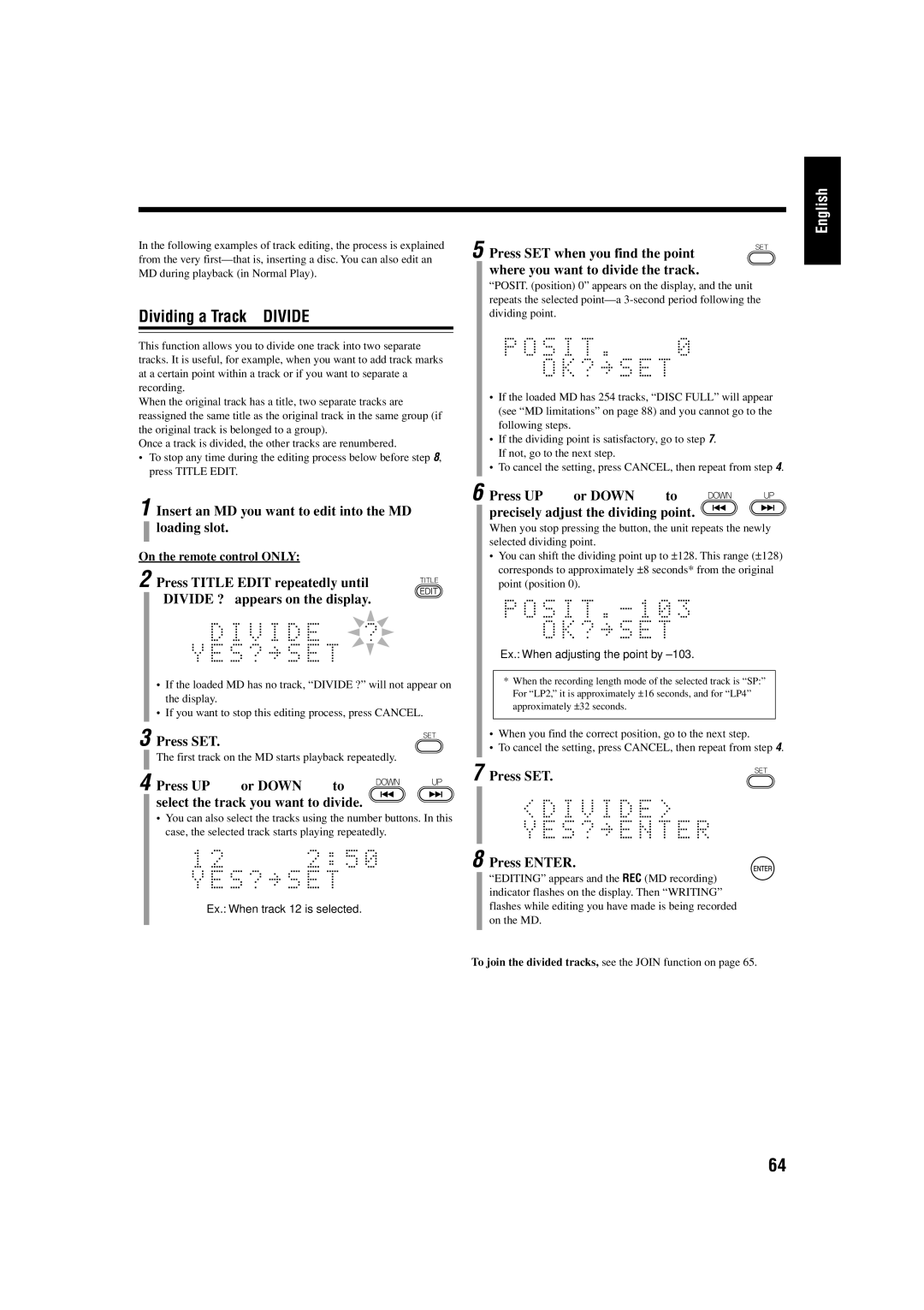 JVC UX-J99DVD manual Dividing a Track-DIVIDE, Press UP ¢ or Down 4 to select the track you want to divide 