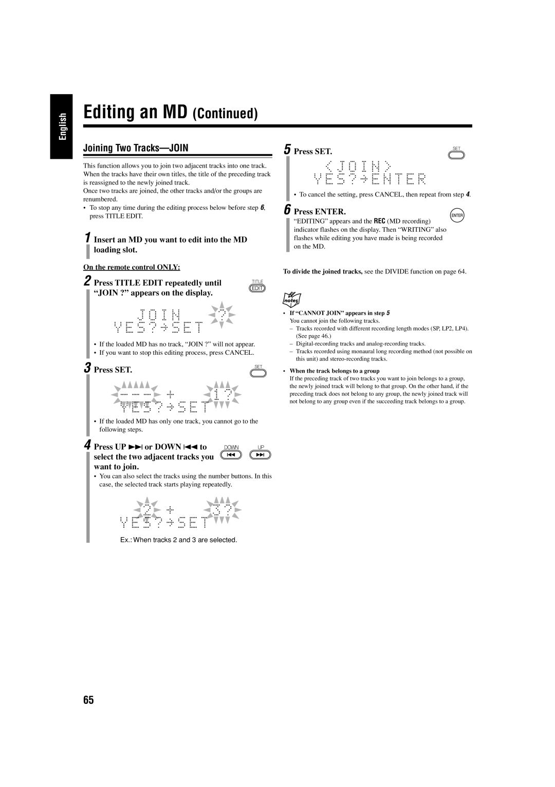 JVC UX-J99DVD manual Joining Two Tracks-JOIN, Ex. When tracks 2 and 3 are selected 