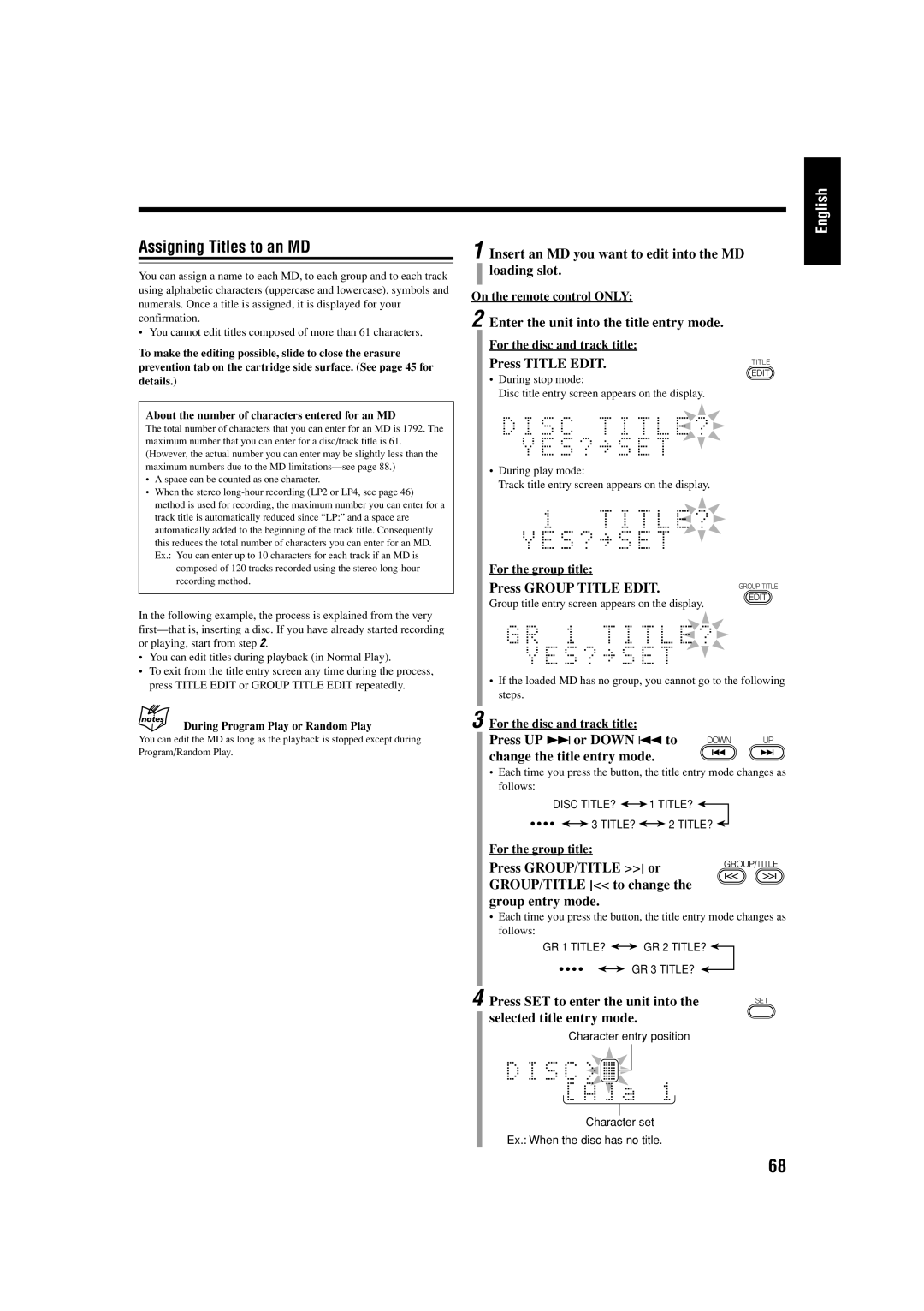 JVC UX-J99DVD manual Assigning Titles to an MD, Enter the unit into the title entry mode, Press Title Edit 