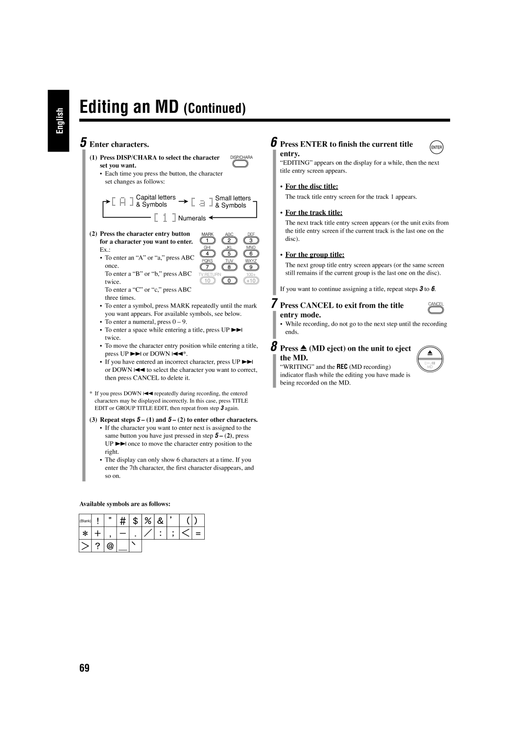 JVC UX-J99DVD manual Enter characters, Press Enter to finish the current title entry, Press 0 MD eject on the unit to eject 