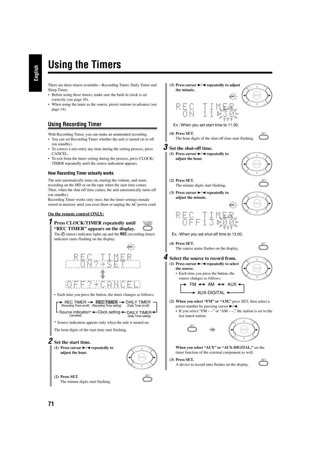 JVC UX-J99DVD manual Using the Timers, Using Recording Timer, Set the shut-off time, Set the start time 