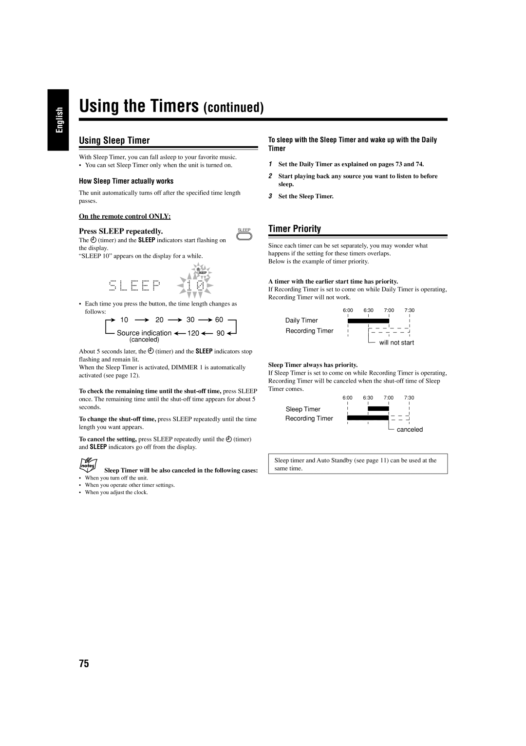 JVC UX-J99DVD manual Using Sleep Timer, Timer Priority, Press Sleep repeatedly, How Sleep Timer actually works 