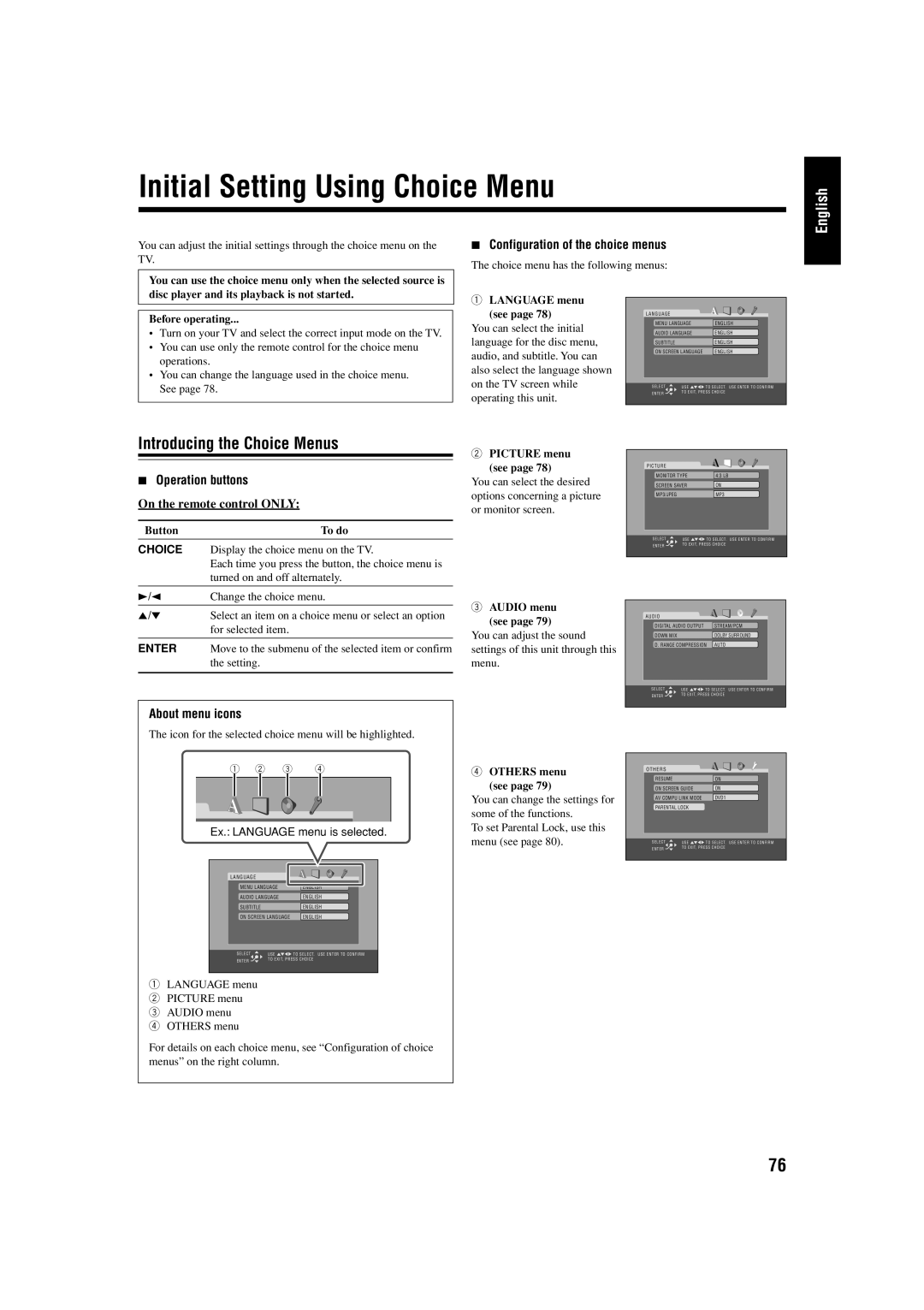 JVC UX-J99DVD manual Initial Setting Using Choice Menu, Introducing the Choice Menus, Configuration of the choice menus 