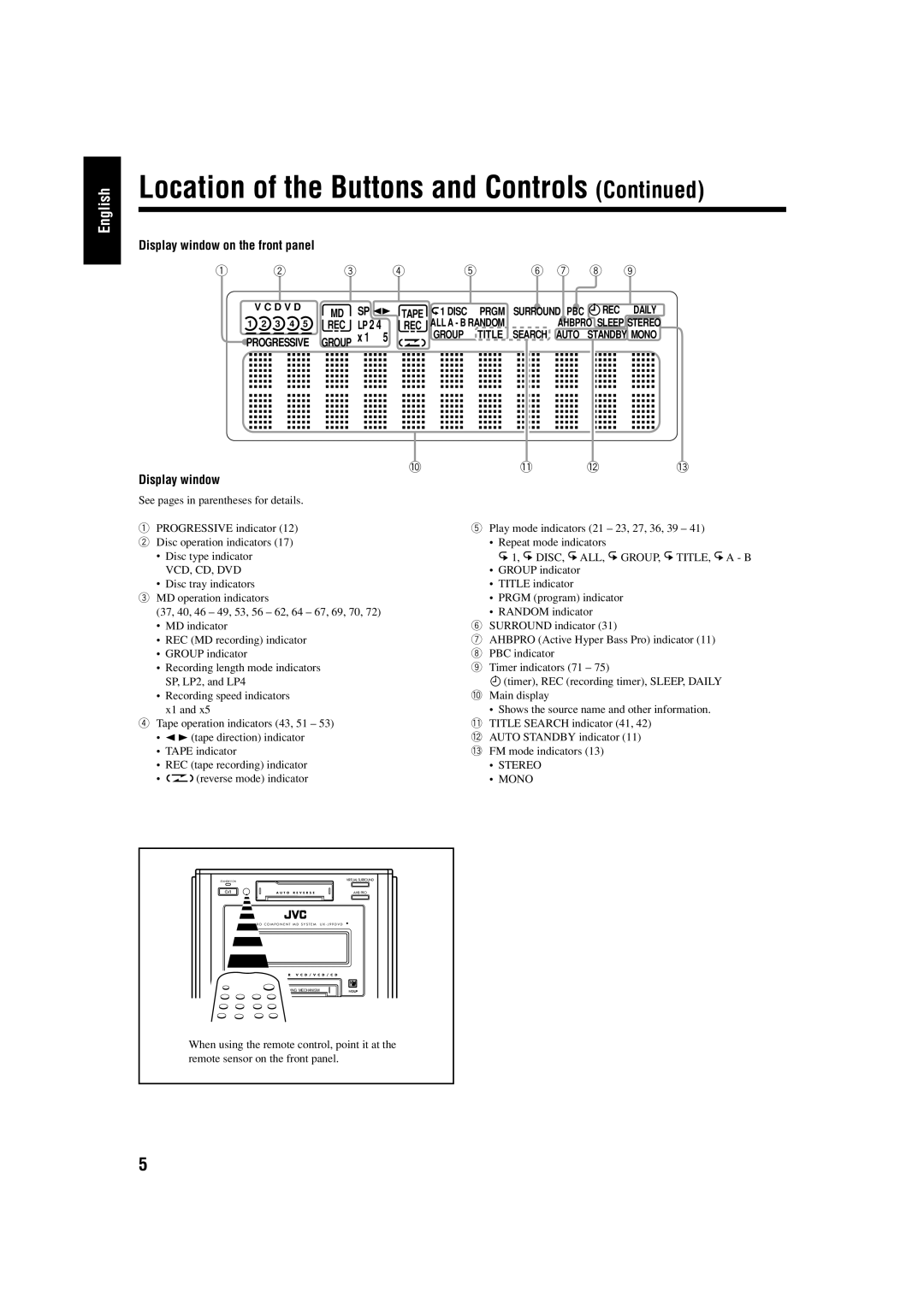 JVC UX-J99DVD manual Display window on the front panel, Group indicator, Reverse mode indicator 