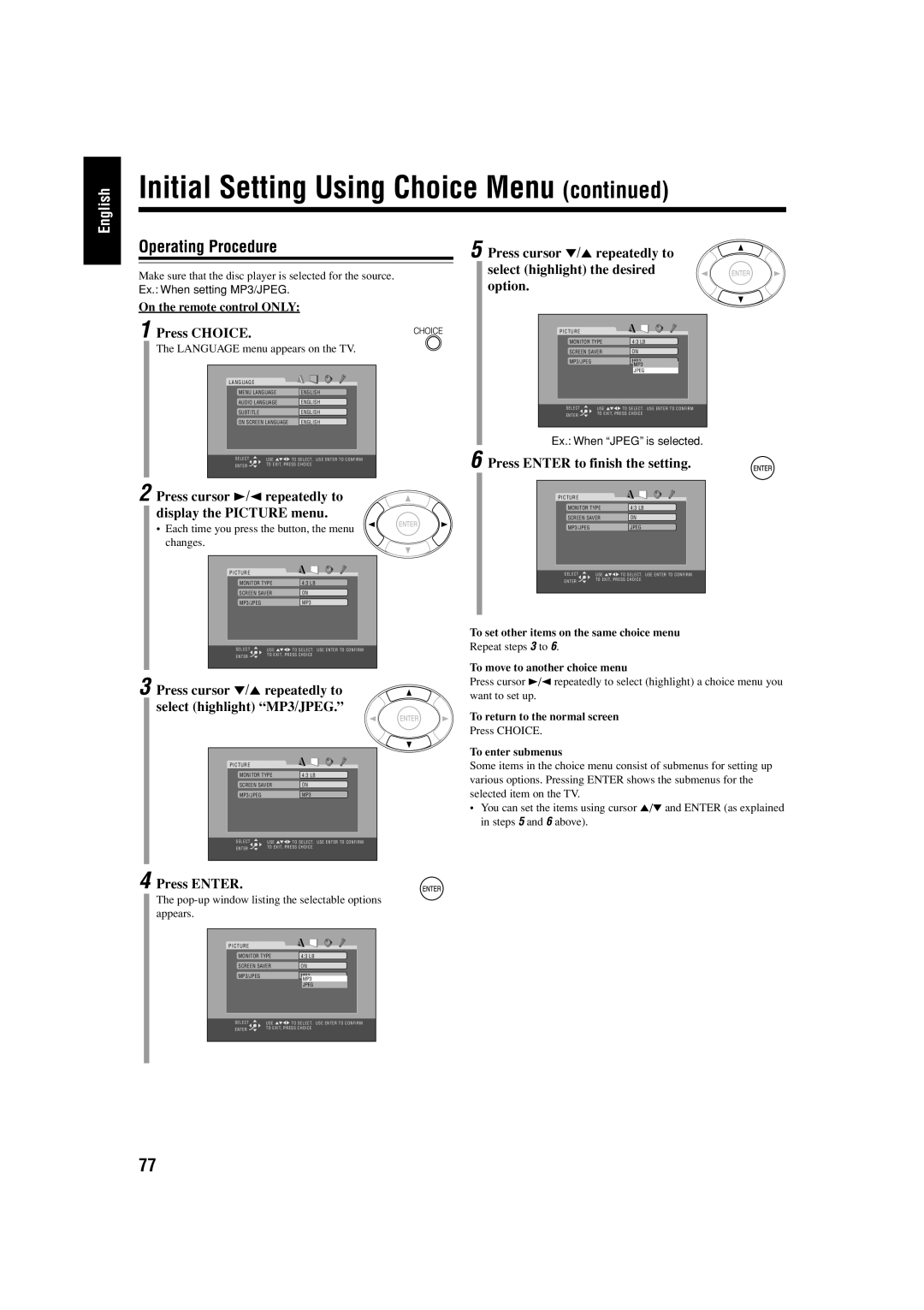 JVC UX-J99DVD manual Operating Procedure, Press Choice, Press cursor 3/2 repeatedly to display the Picture menu 