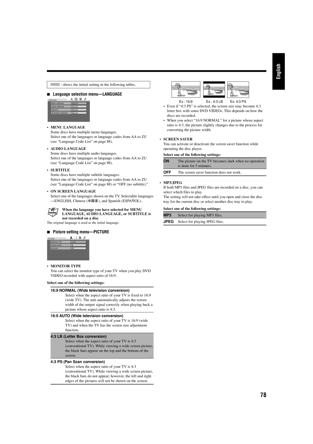 JVC UX-J99DVD manual Language selection menu-LANGUAGE, Picture setting menu-PICTURE 