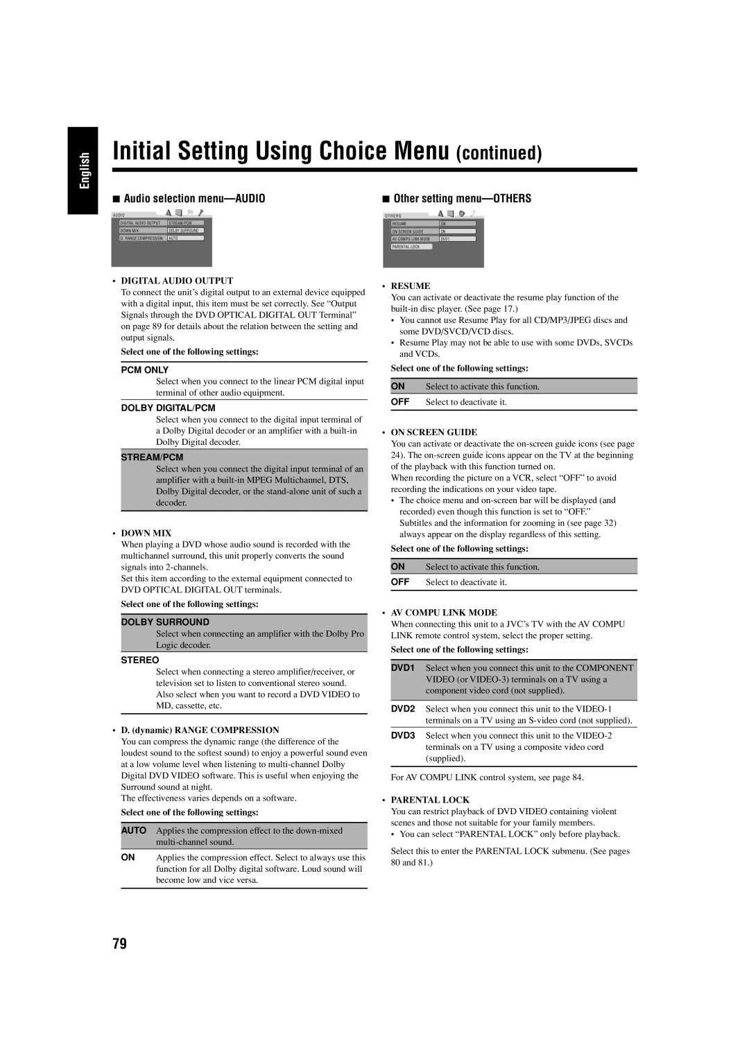 JVC UX-J99DVD manual Other setting menu-OTHERS, Dynamic Range Compression 