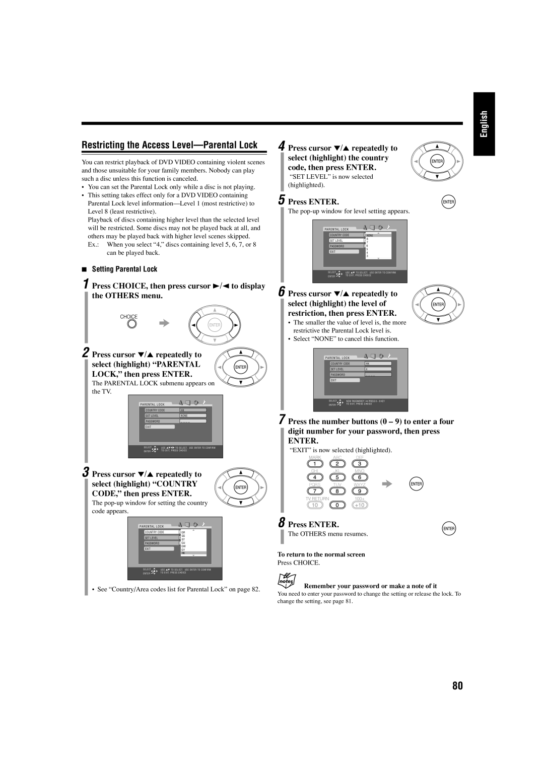 JVC UX-J99DVD manual Restricting the Access Level-Parental Lock, Setting Parental Lock 