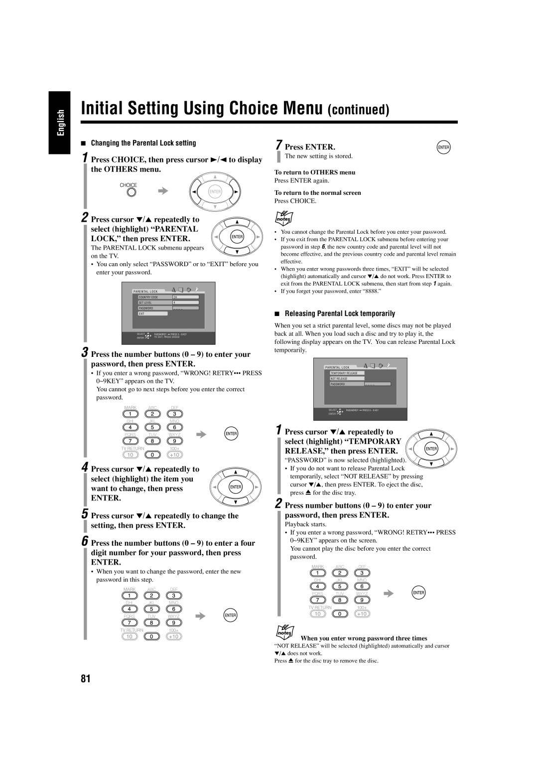 JVC UX-J99DVD manual Changing the Parental Lock setting, Releasing Parental Lock temporarily, To return to Others menu 