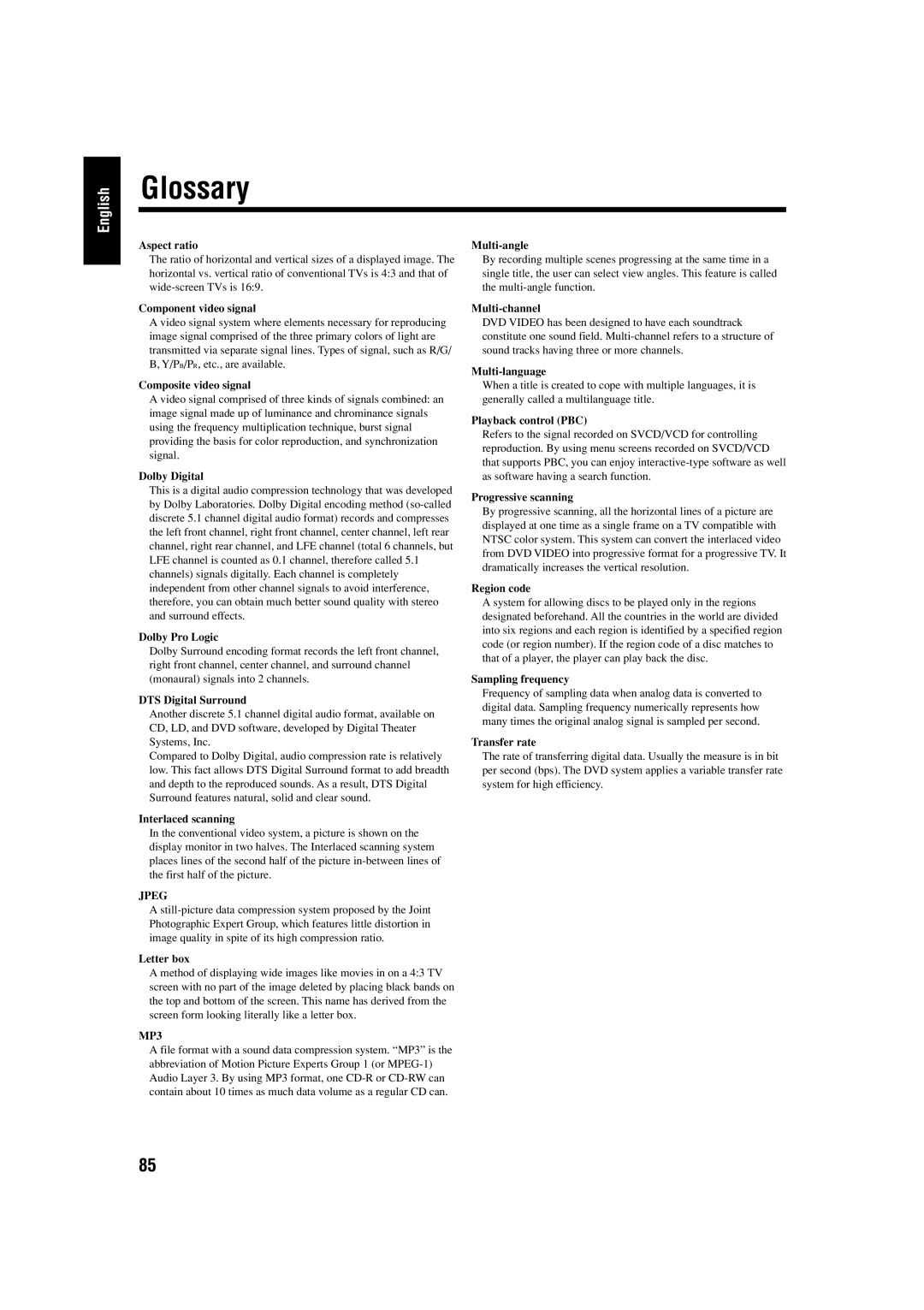 JVC UX-J99DVD manual Glossary 