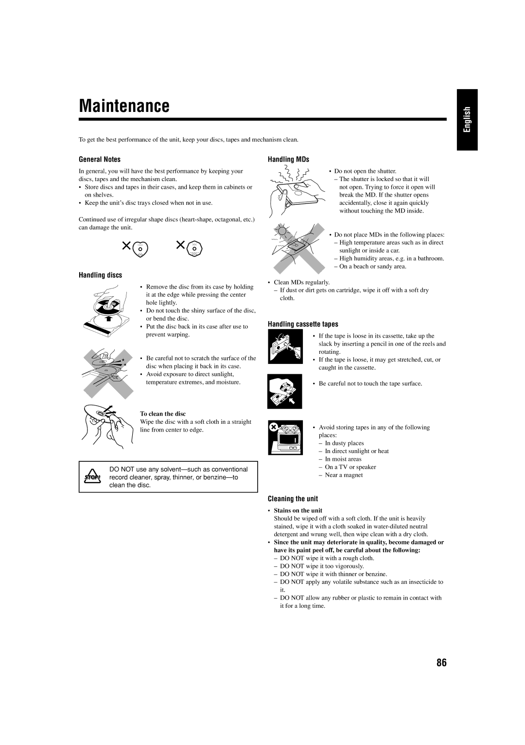 JVC UX-J99DVD manual Maintenance, General Notes, Handling discs, Handling cassette tapes, Cleaning the unit 