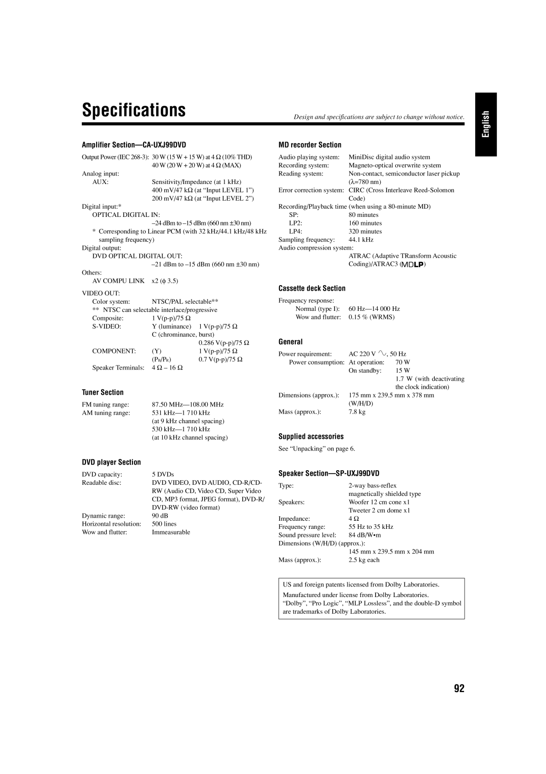 JVC UX-J99DVD manual Tuner Section, Cassette deck Section, General, Supplied accessories, DVD player Section 