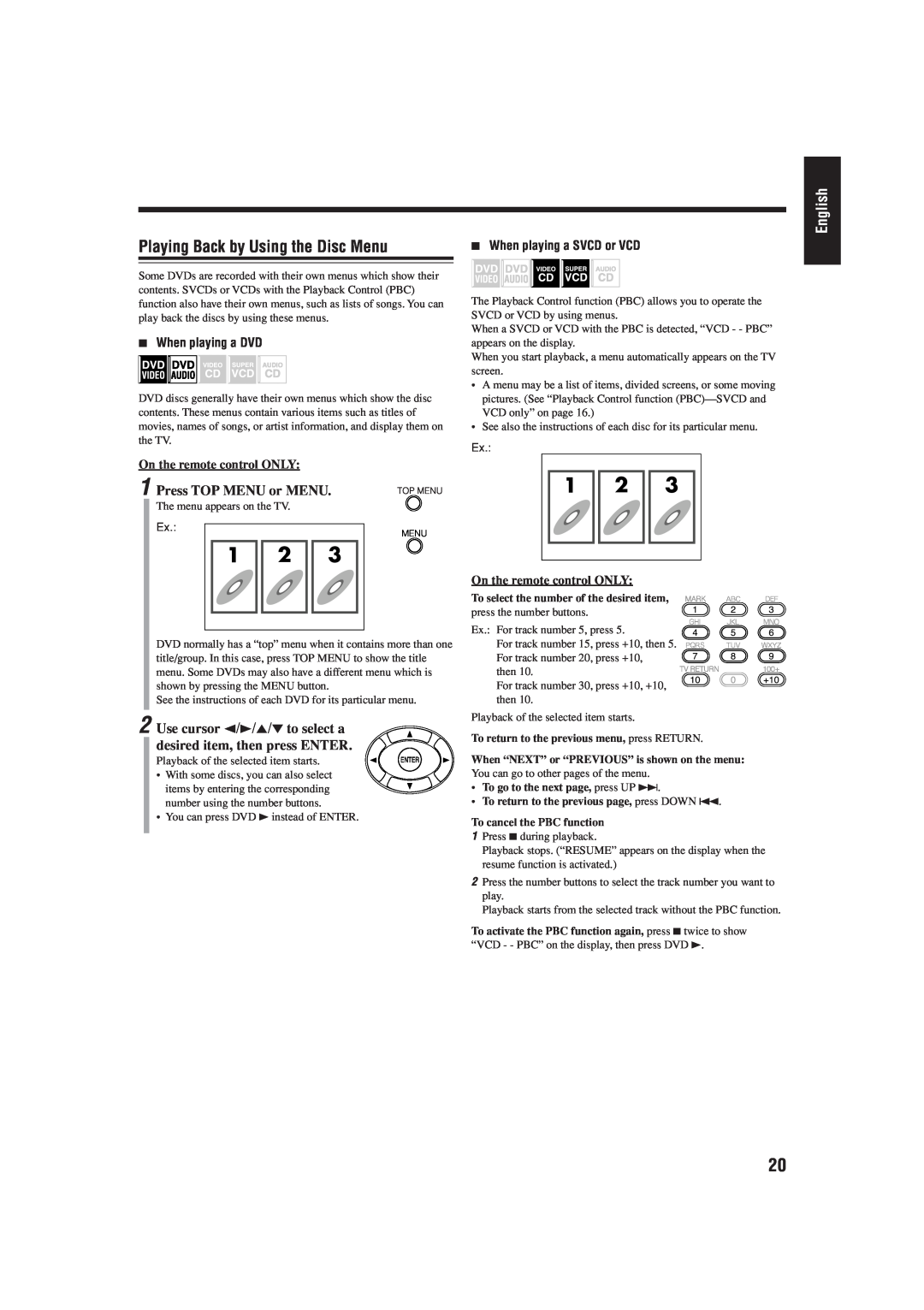 JVC UX-J99DVD manual Playing Back by Using the Disc Menu, Press TOP MENU or MENU, English, 7When playing a DVD 