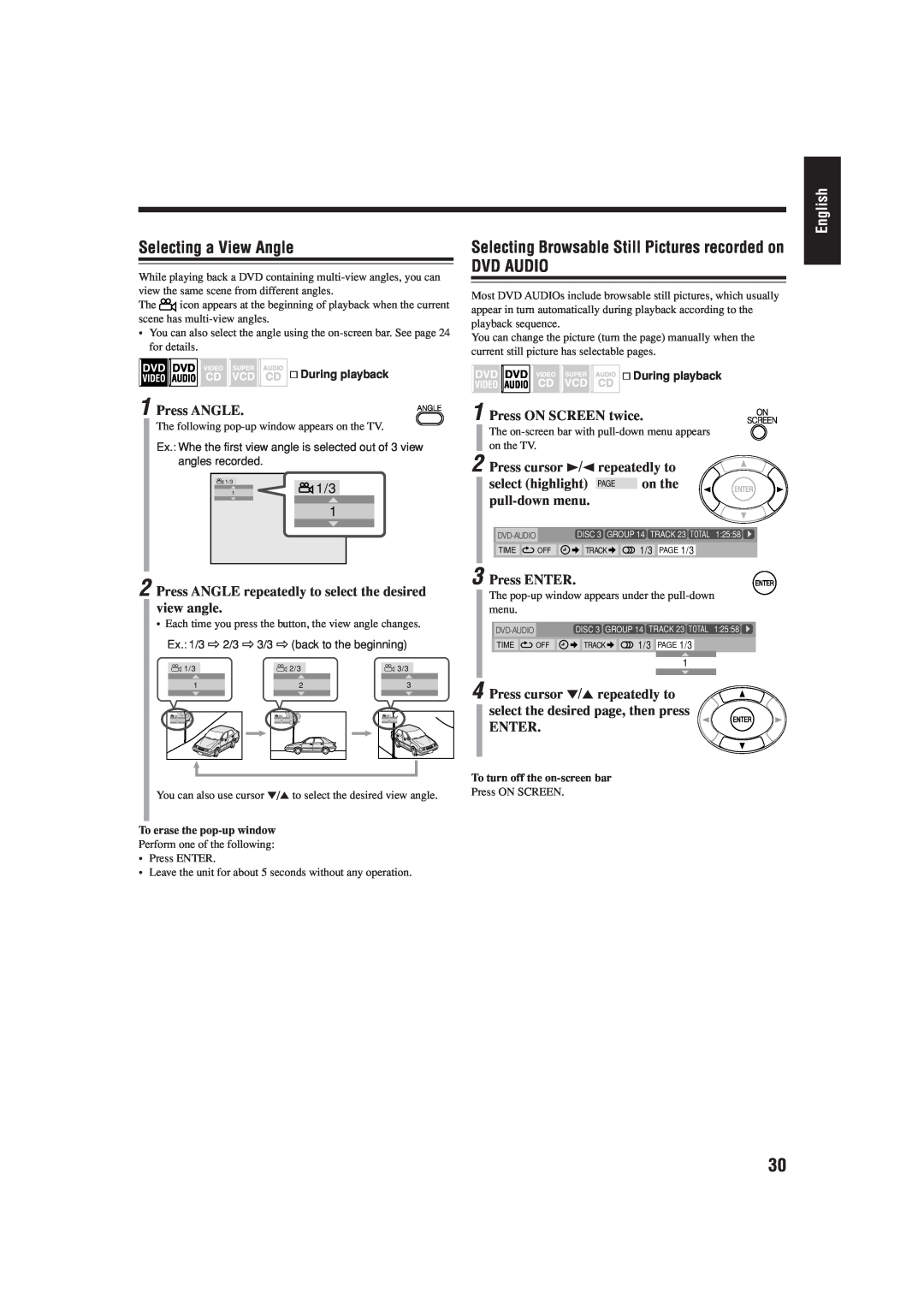 JVC UX-J99DVD manual Selecting a View Angle, Selecting Browsable Still Pictures recorded on, Dvd Audio, Press ANGLE, Enter 