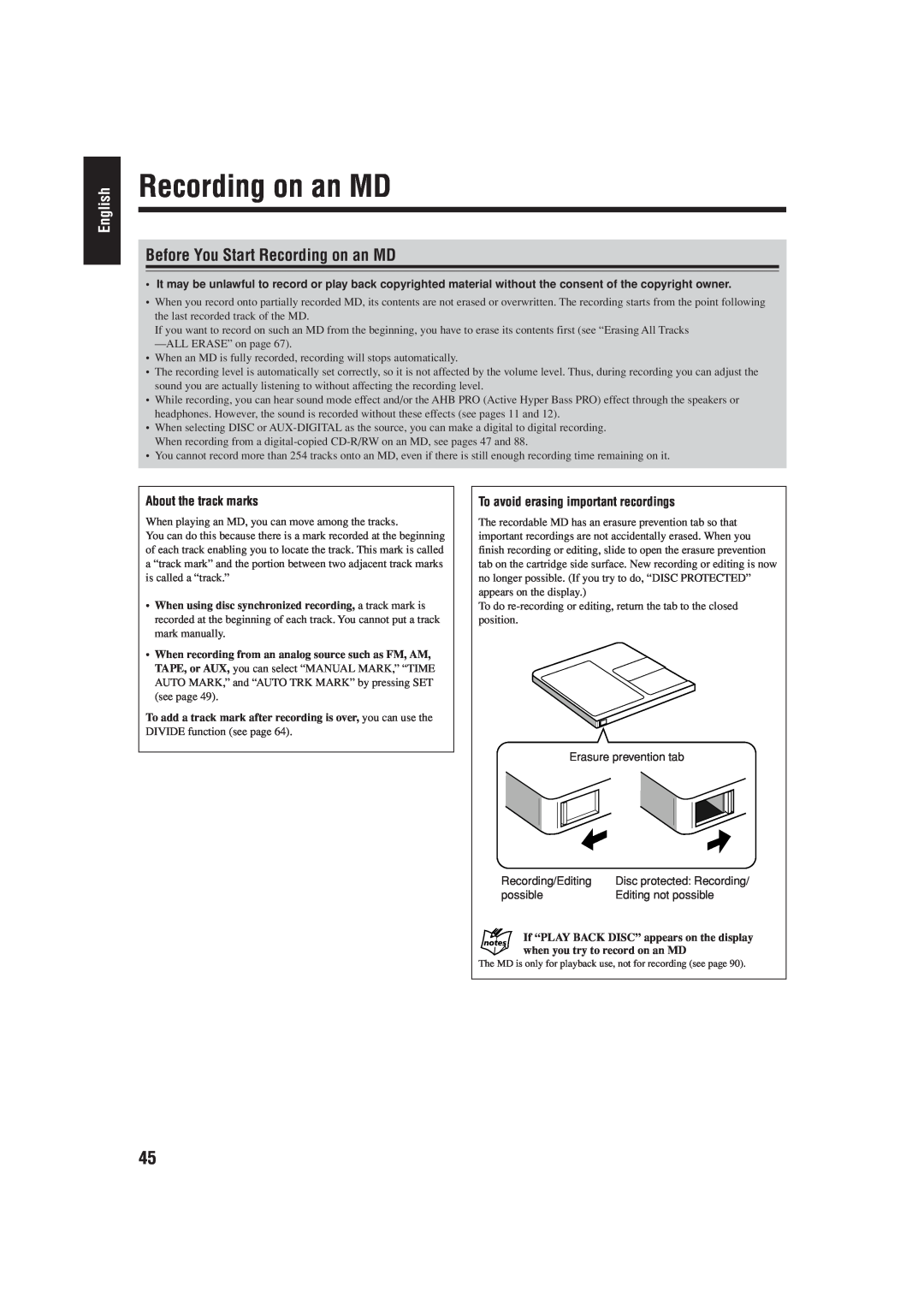 JVC UX-J99DVD manual Before You Start Recording on an MD, English, About the track marks 