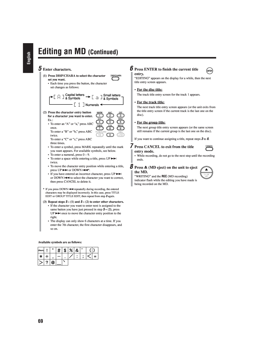 JVC UX-J99DVD manual Enter characters, Press ENTER to finish the current title entry, Press 0 MD eject on the unit to eject 