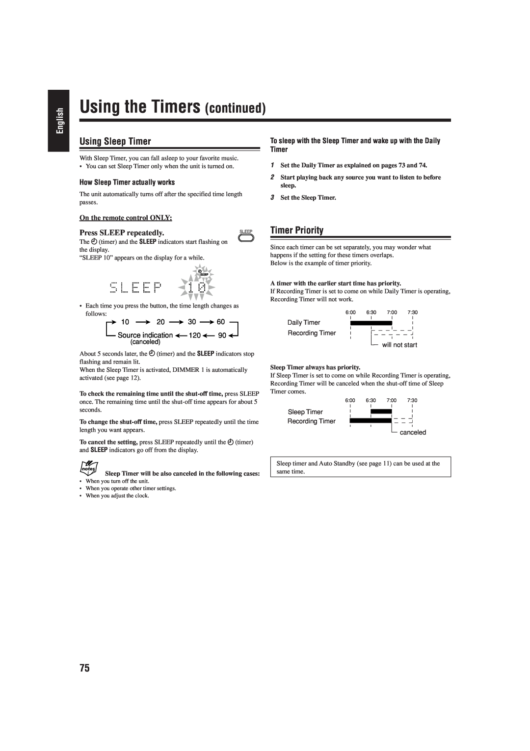 JVC UX-J99DVD manual Using Sleep Timer, Timer Priority, Press SLEEP repeatedly, Using the Timers continued, English 