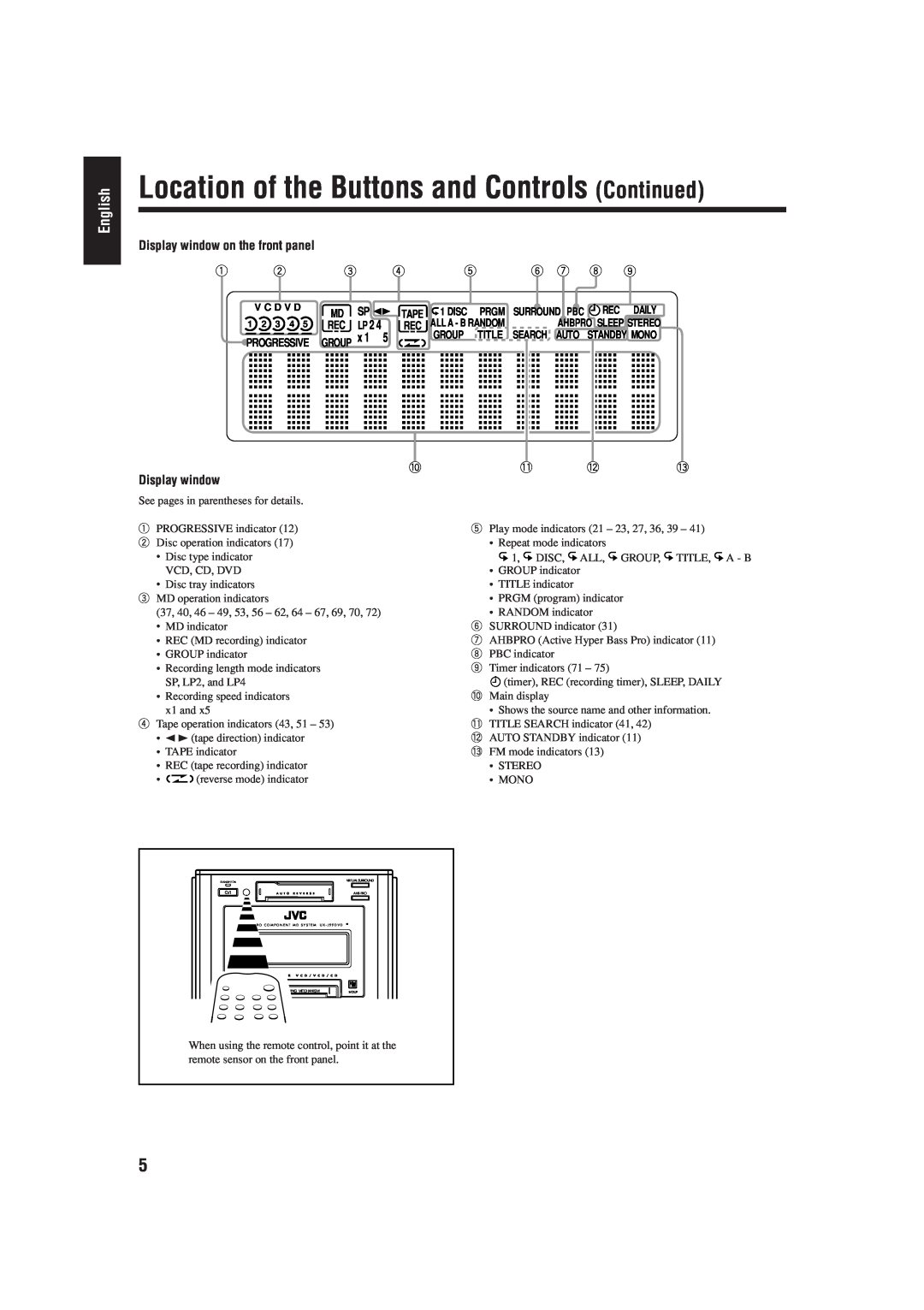 JVC UX-J99DVD manual Location of the Buttons and Controls Continued, English, Display window on the front panel 