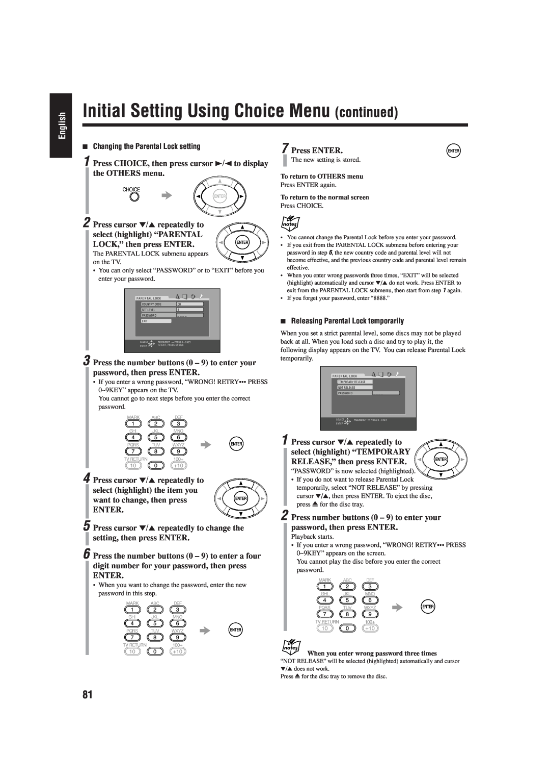 JVC UX-J99DVD manual Initial Setting Using Choice Menu continued, English, Press ENTER, Enter 