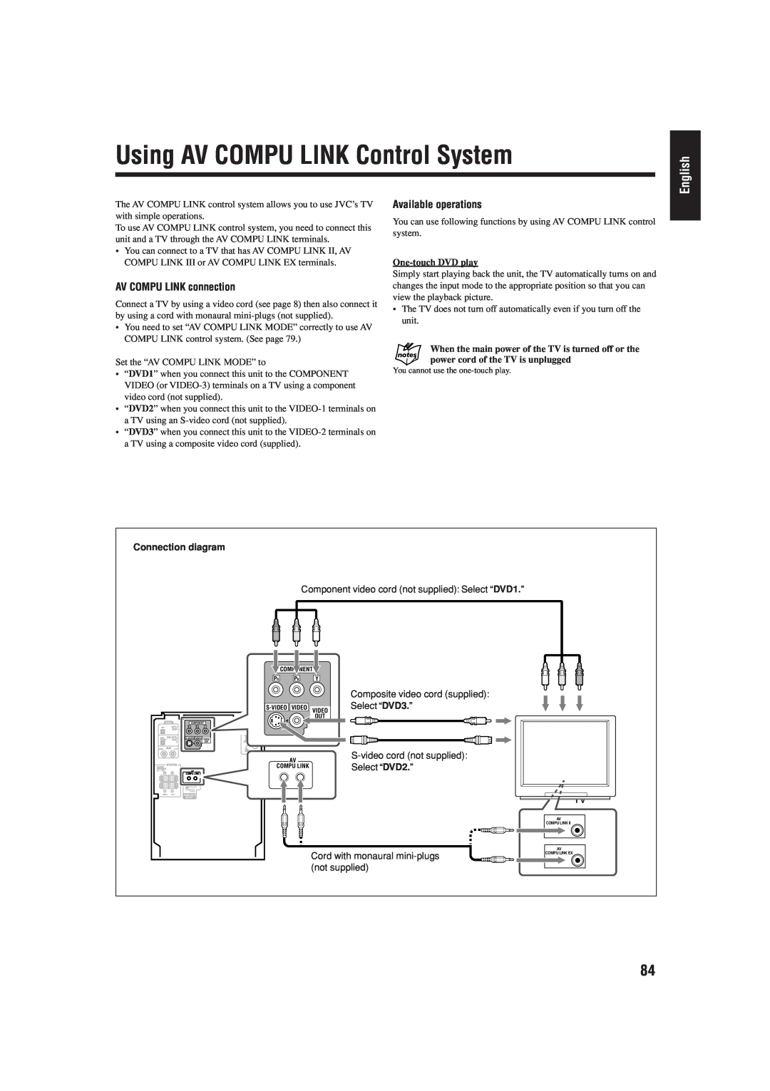 JVC UX-J99DVD manual Using AV COMPU LINK Control System, English, AV COMPU LINK connection, Available operations 