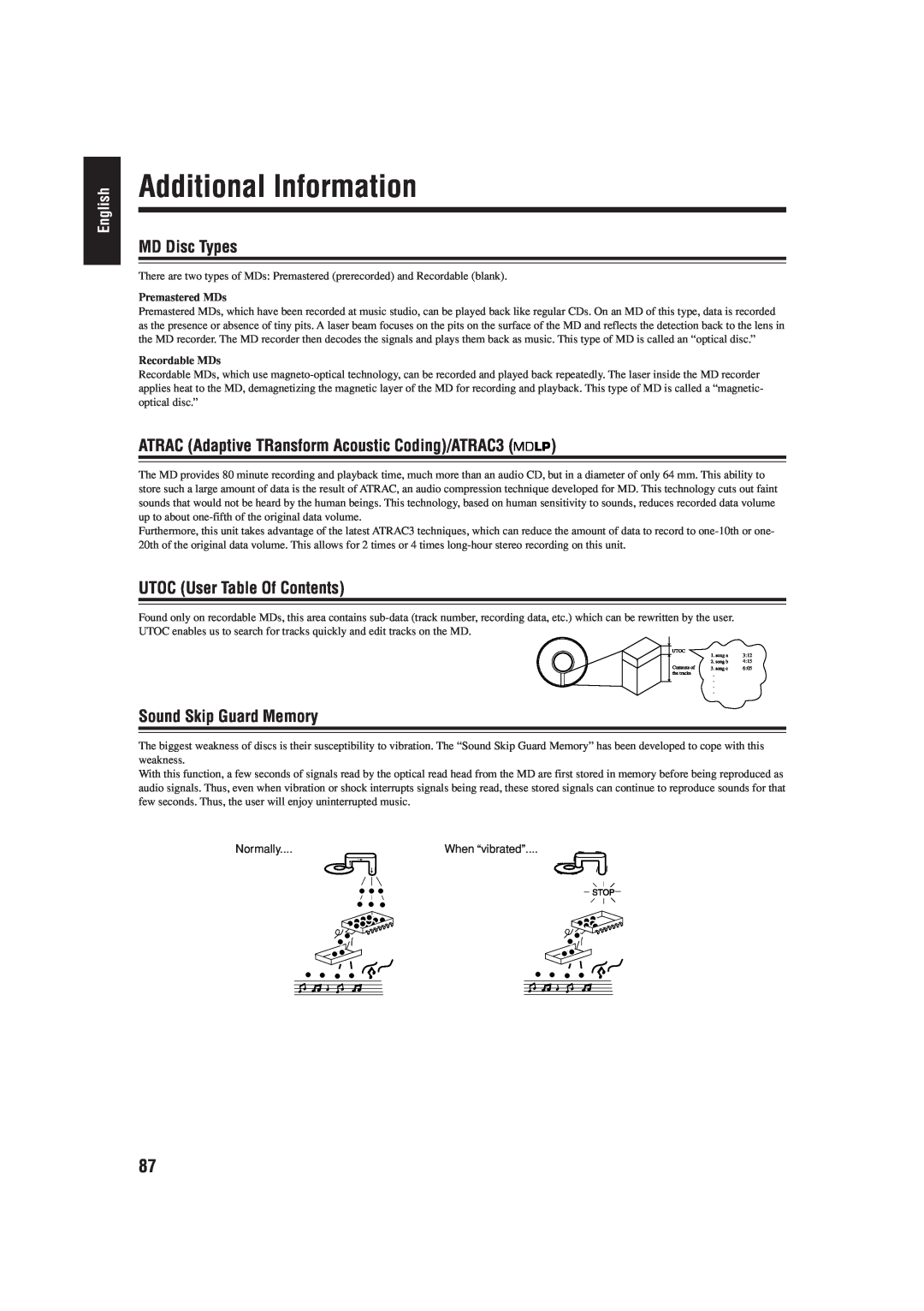 JVC UX-J99DVD manual Additional Information, MD Disc Types, ATRAC Adaptive TRansform Acoustic Coding/ATRAC3, English 