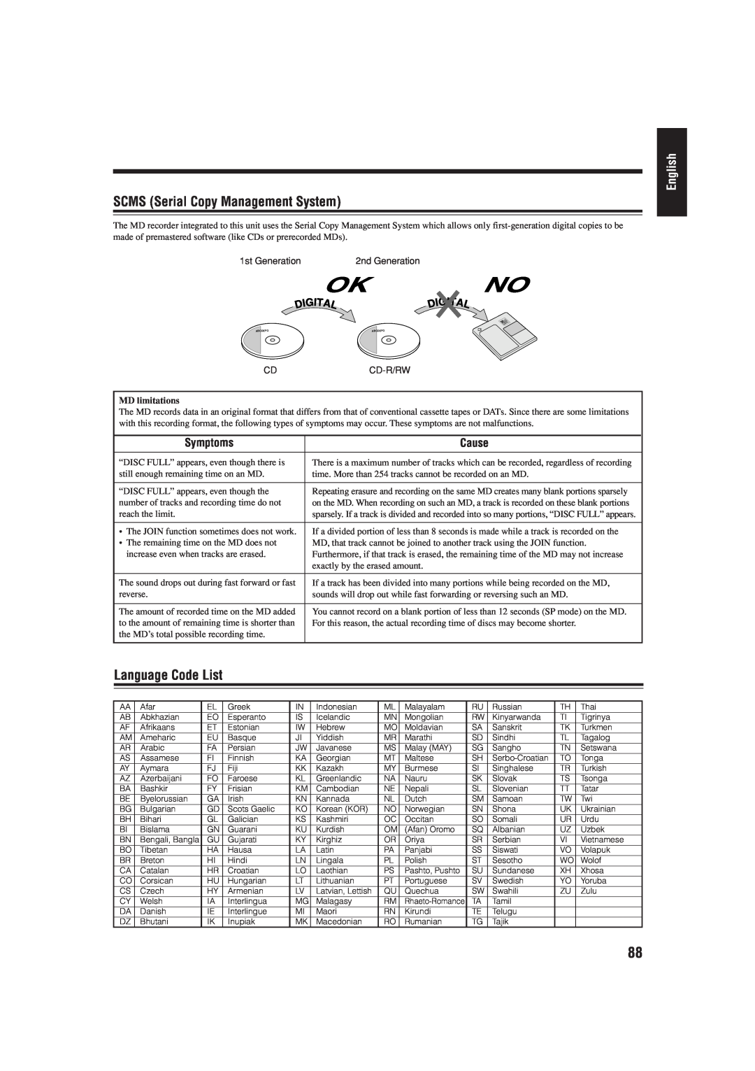JVC UX-J99DVD manual SCMS Serial Copy Management System, Language Code List, Symptoms, Cause, English, MD limitations 