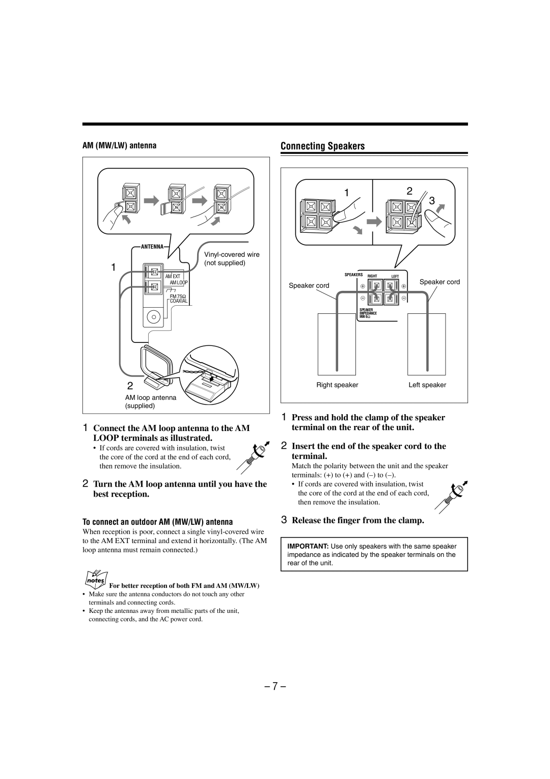 JVC UX-L30 manual Connecting Speakers, Turn the AM loop antenna until you have the best reception, AM MW/LW antenna 