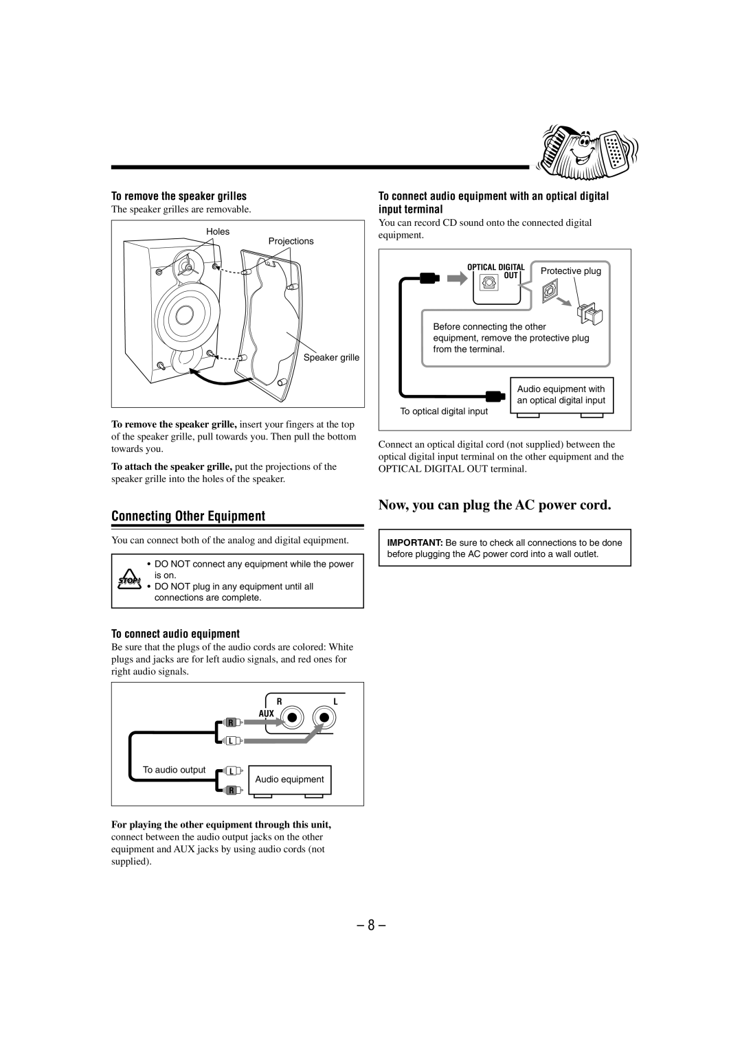 JVC UX-L30 manual Connecting Other Equipment, To remove the speaker grilles, To connect audio equipment 