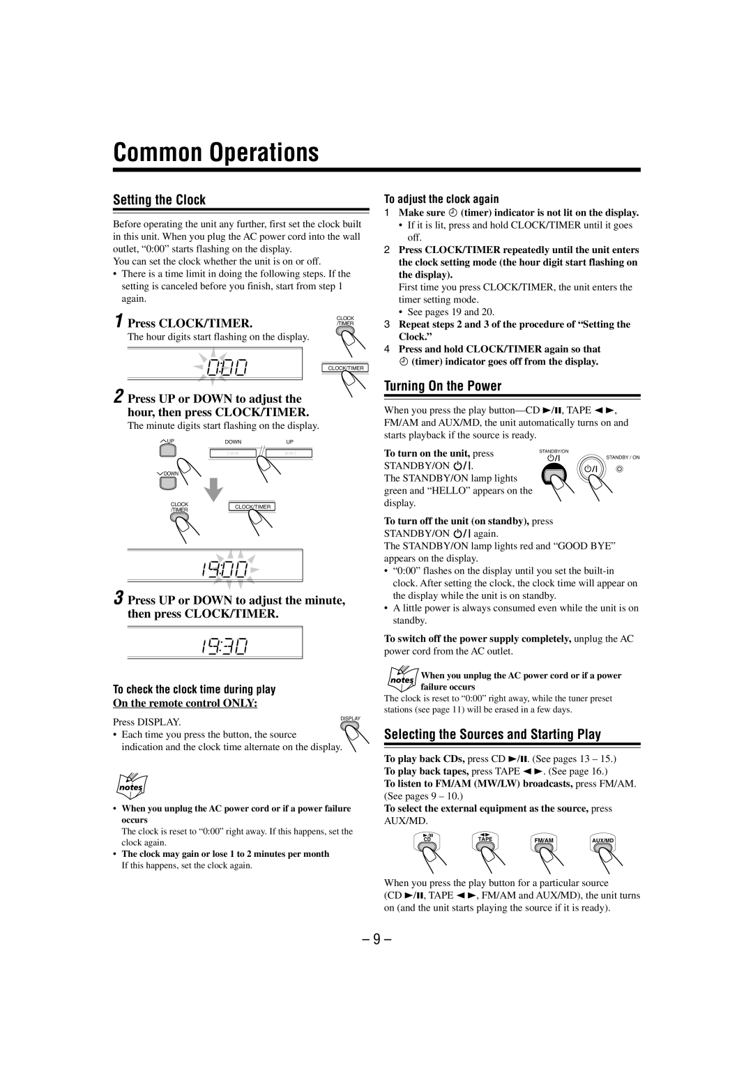 JVC UX-L30 manual Common Operations, Setting the Clock, Turning On the Power, Selecting the Sources and Starting Play 