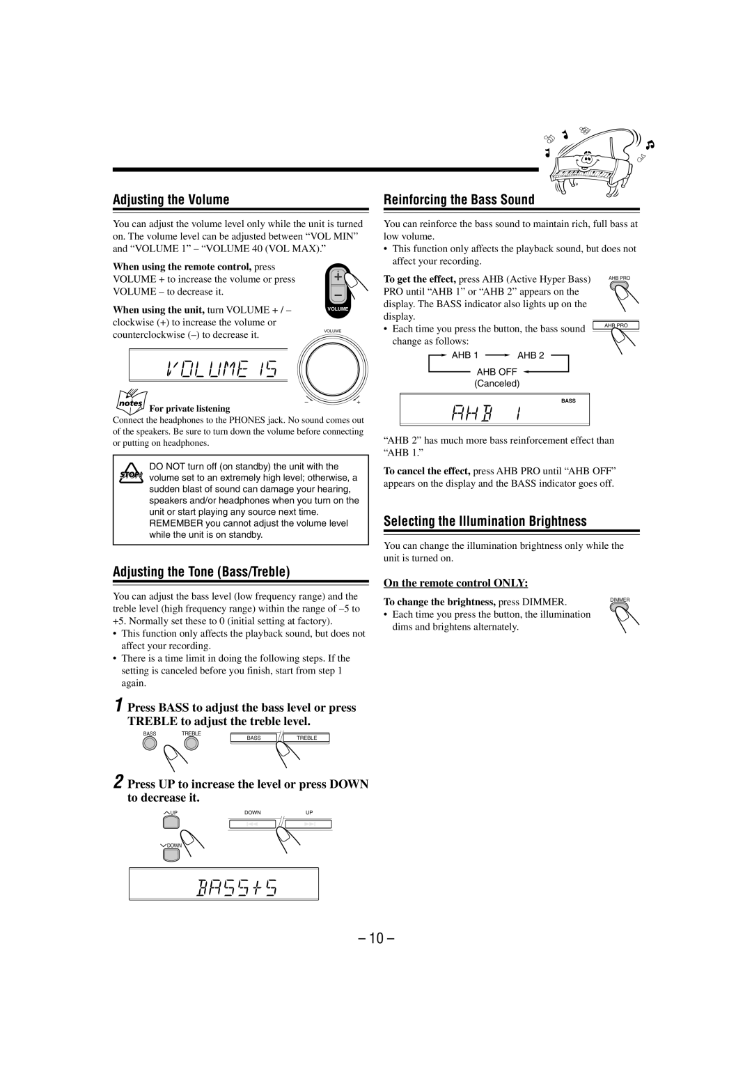 JVC UX-L30 manual Adjusting the Volume, Adjusting the Tone Bass/Treble, Reinforcing the Bass Sound 