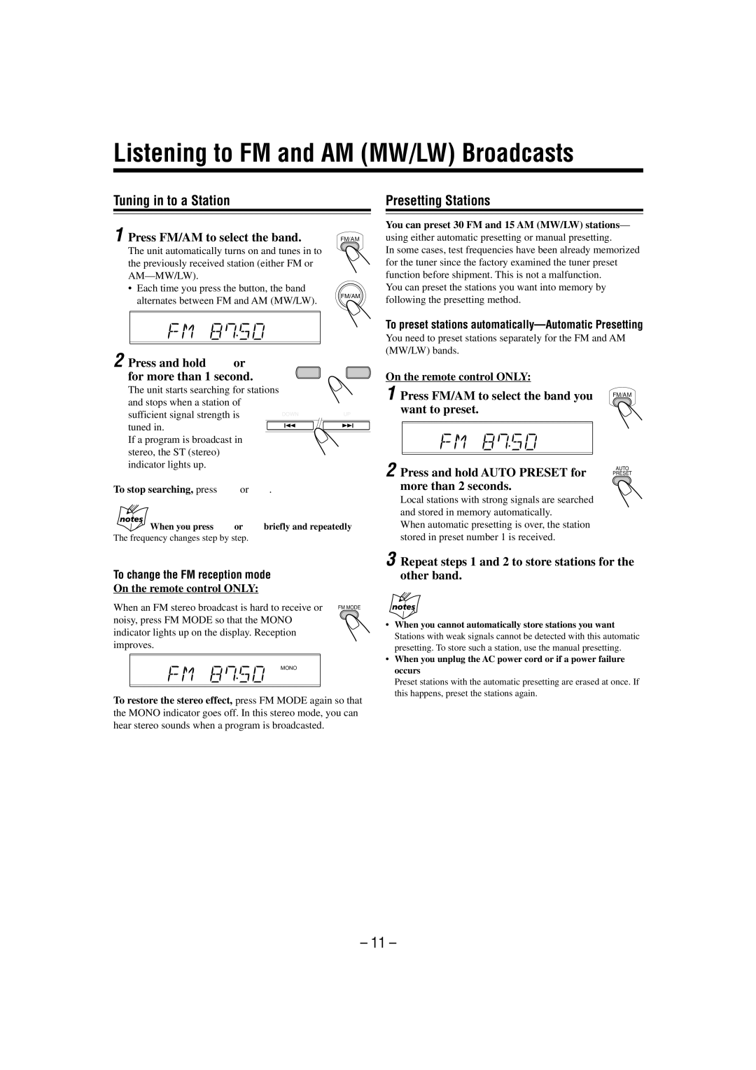 JVC UX-L30 manual Listening to FM and AM MW/LW Broadcasts, Tuning in to a Station, Presetting Stations 