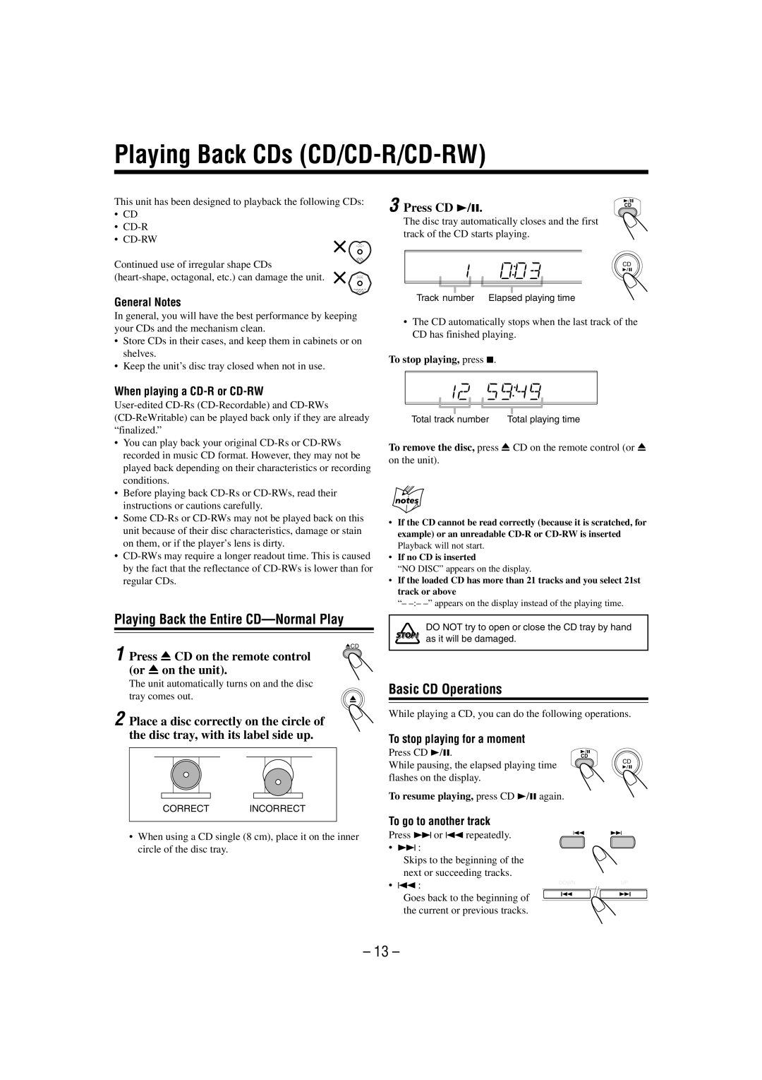 JVC UX-L30 manual Playing Back CDs CD/CD-R/CD-RW, Playing Back the Entire CD-Normal Play, Basic CD Operations, Press CD 3/8 