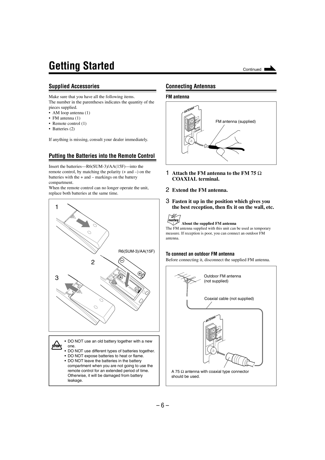 JVC UX-L30 manual Getting Started, Supplied Accessories Connecting Antennas, To connect an outdoor FM antenna 