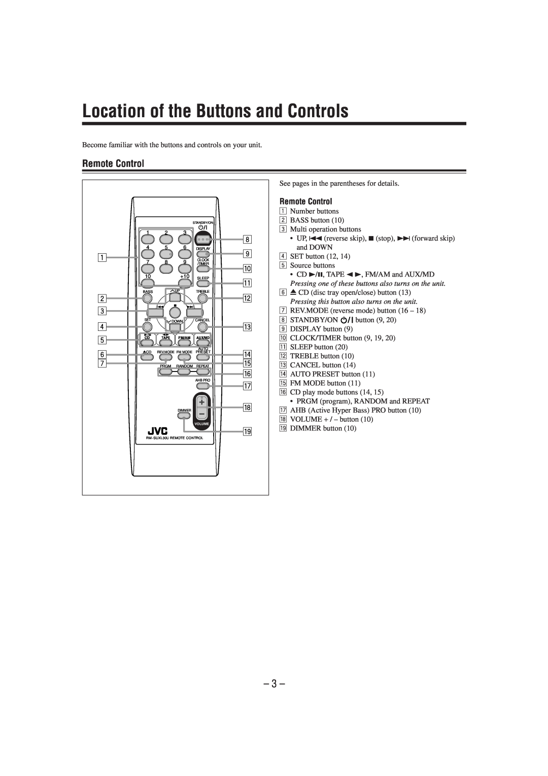 JVC UX-L30 manual Location of the Buttons and Controls, Remote Control, 1 2, 8 9 p q w e r t y u i o 