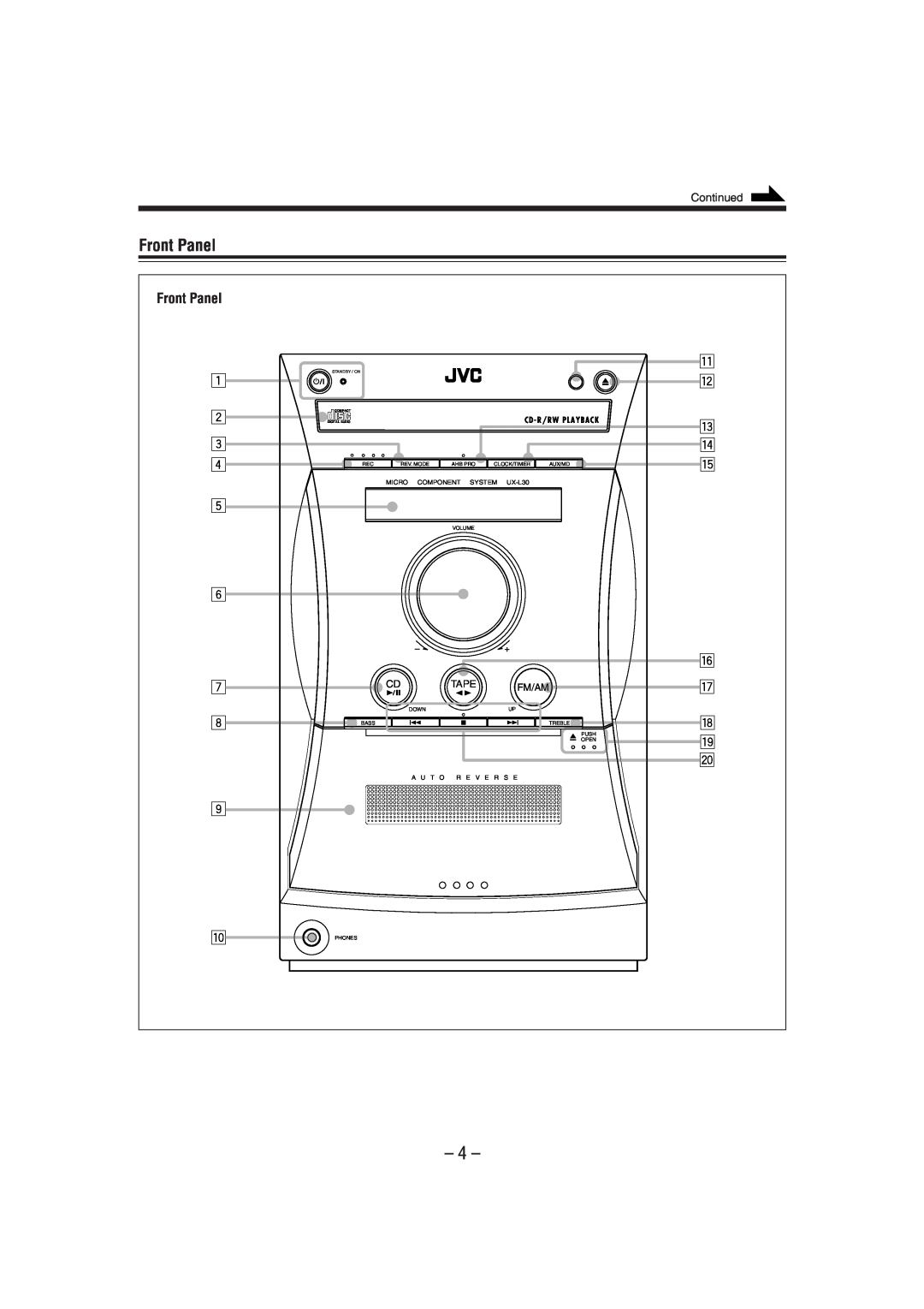 JVC manual Front Panel, 1 2 3, q w e r t y u i o, Tape, Fm/Am, Cd - R/Rw Playback, MICRO COMPONENT SYSTEM UX-L30 