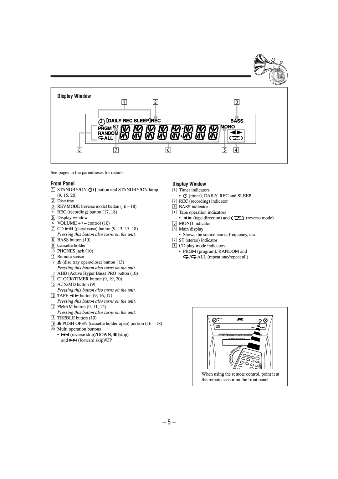 JVC UX-L30 manual Display Window, Daily Rec Sleep, Front Panel, Bass, Prgm St, Mono 