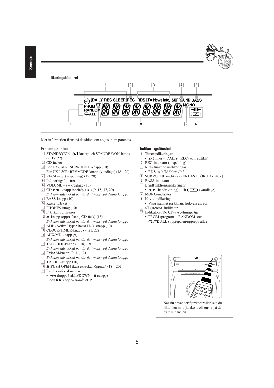 JVC CA-UXL40R, UX-L40R, UX-L30R, SP-UXL30 Indikeringsfönstret, Främre panelen, CLOCK/TIMER-knapp 9, 21, 22 t AUX/MD-knapp 