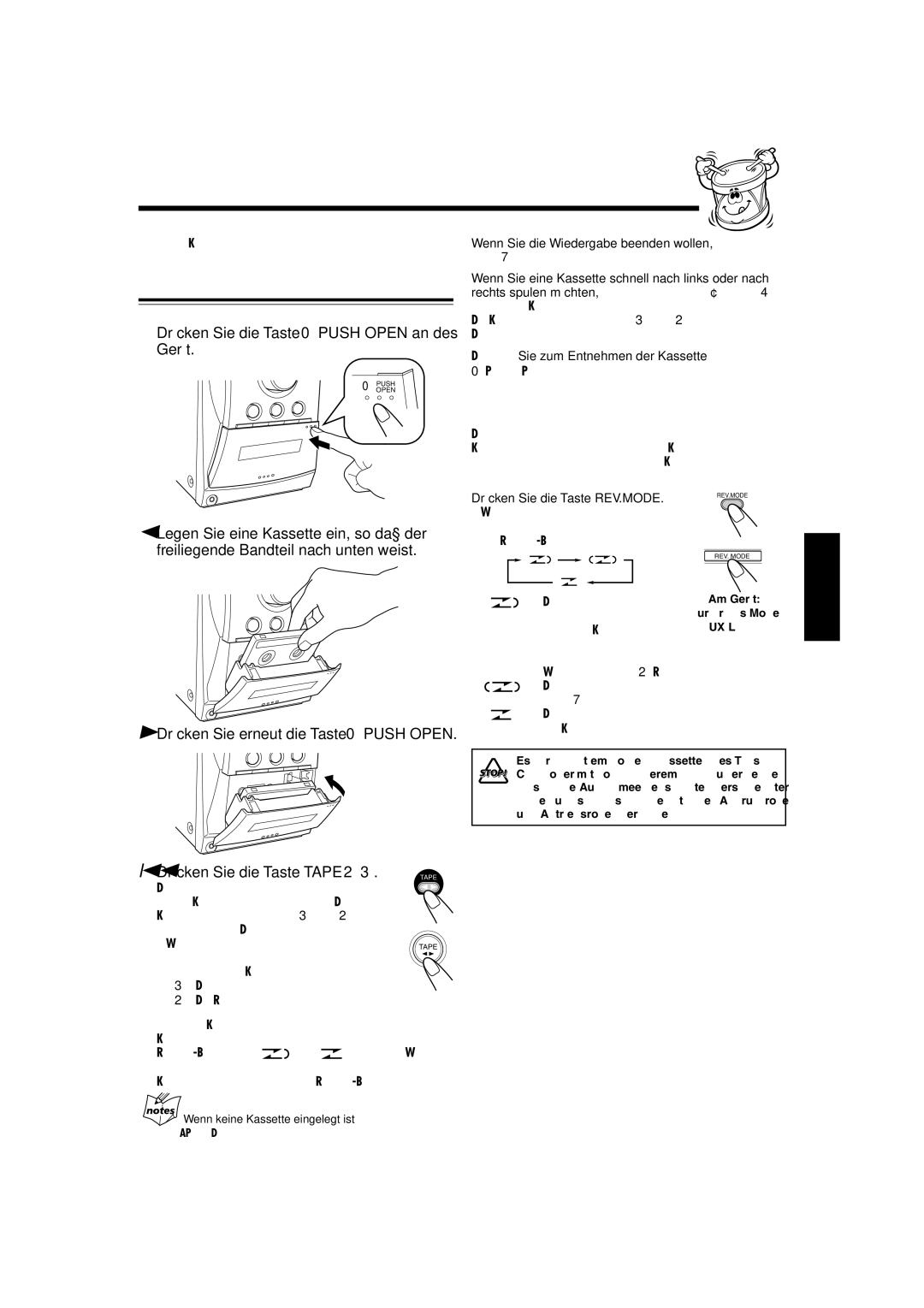 JVC CA-UXL30R manual Wiedergeben von Kassetten, Wiedergeben einer Kassette, Drücken Sie die Taste 0PUSH Open an des Gerät 