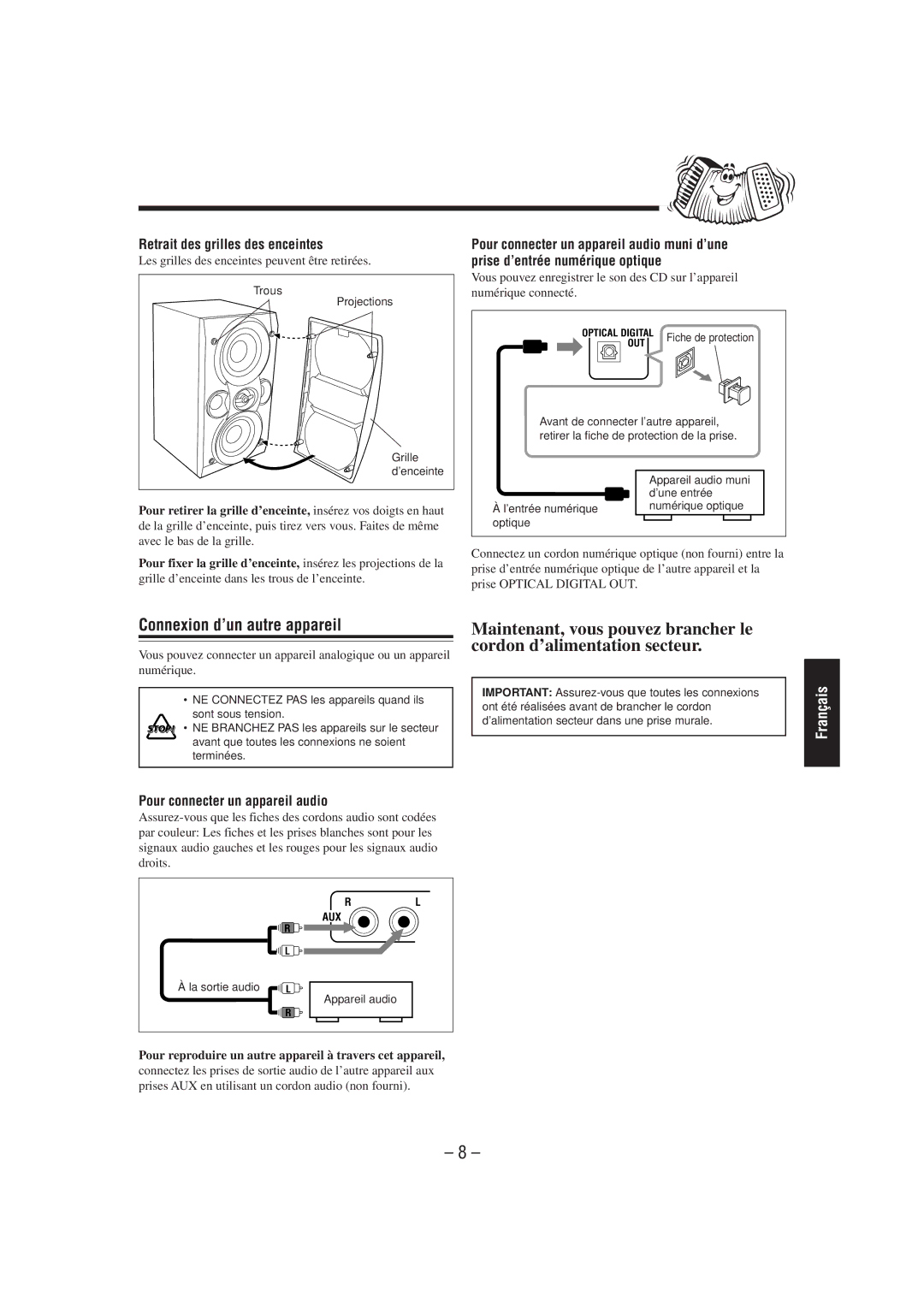 JVC SP-UXL40, UX-L40R Connexion d’un autre appareil, Retrait des grilles des enceintes, Pour connecter un appareil audio 