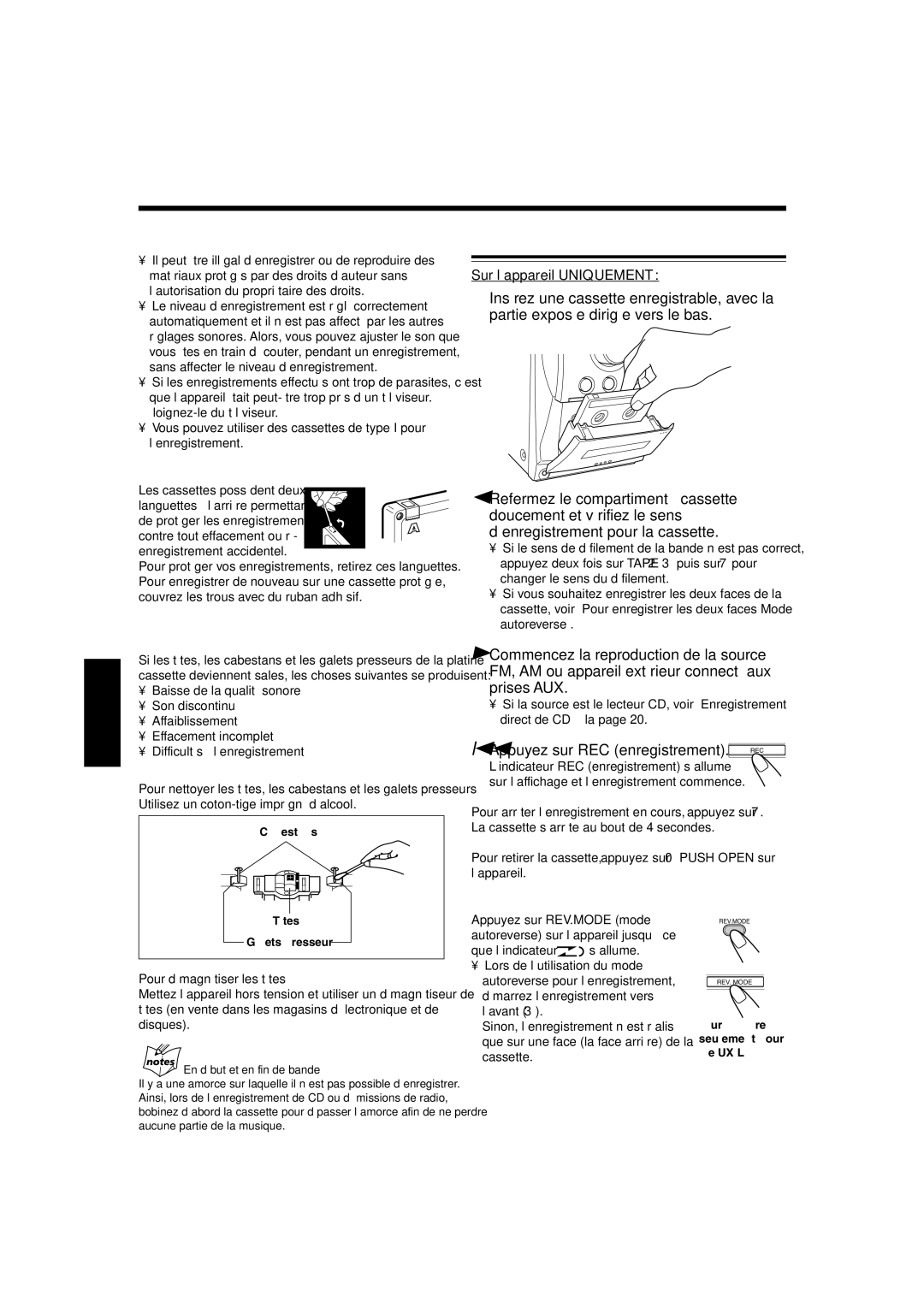 JVC SP-UXL30 manual Enregistrement sur une cassette, Appuyez sur REC enregistrement, Pour protéger vos enregistrements 