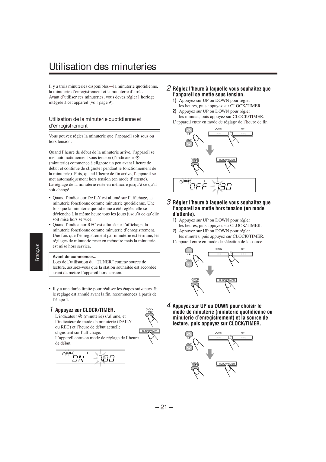 JVC CA-UXL40R Utilisation des minuteries, Utilisation de la minuterie quotidienne et d’enregistrement, Avant de commencer 