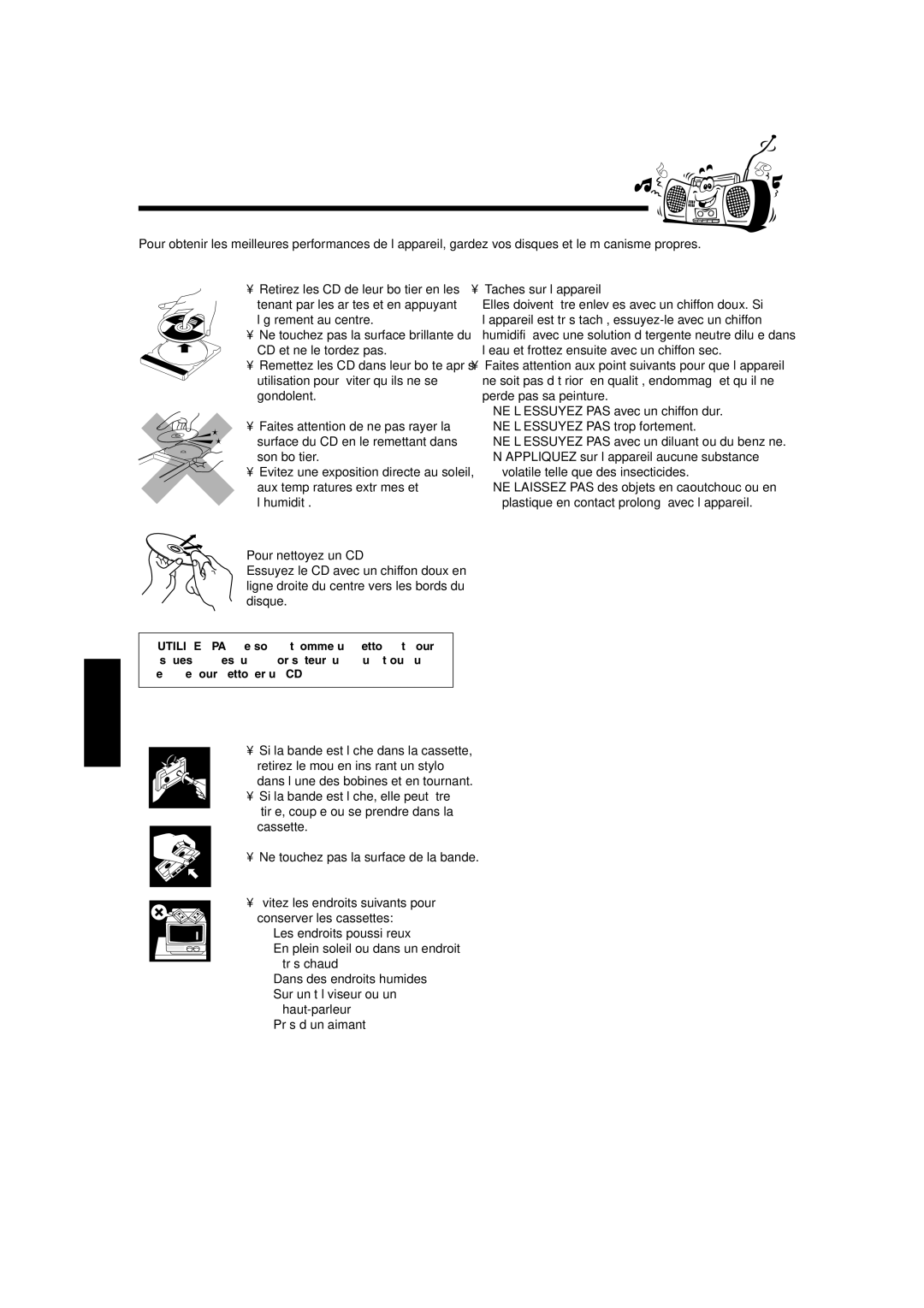 JVC SP-UXL30, UX-L40R, UX-L30R, SP-UXL40 Entretien, Manipulation des CD, Nettoyage de l’appareil, Manipulation des cassettes 