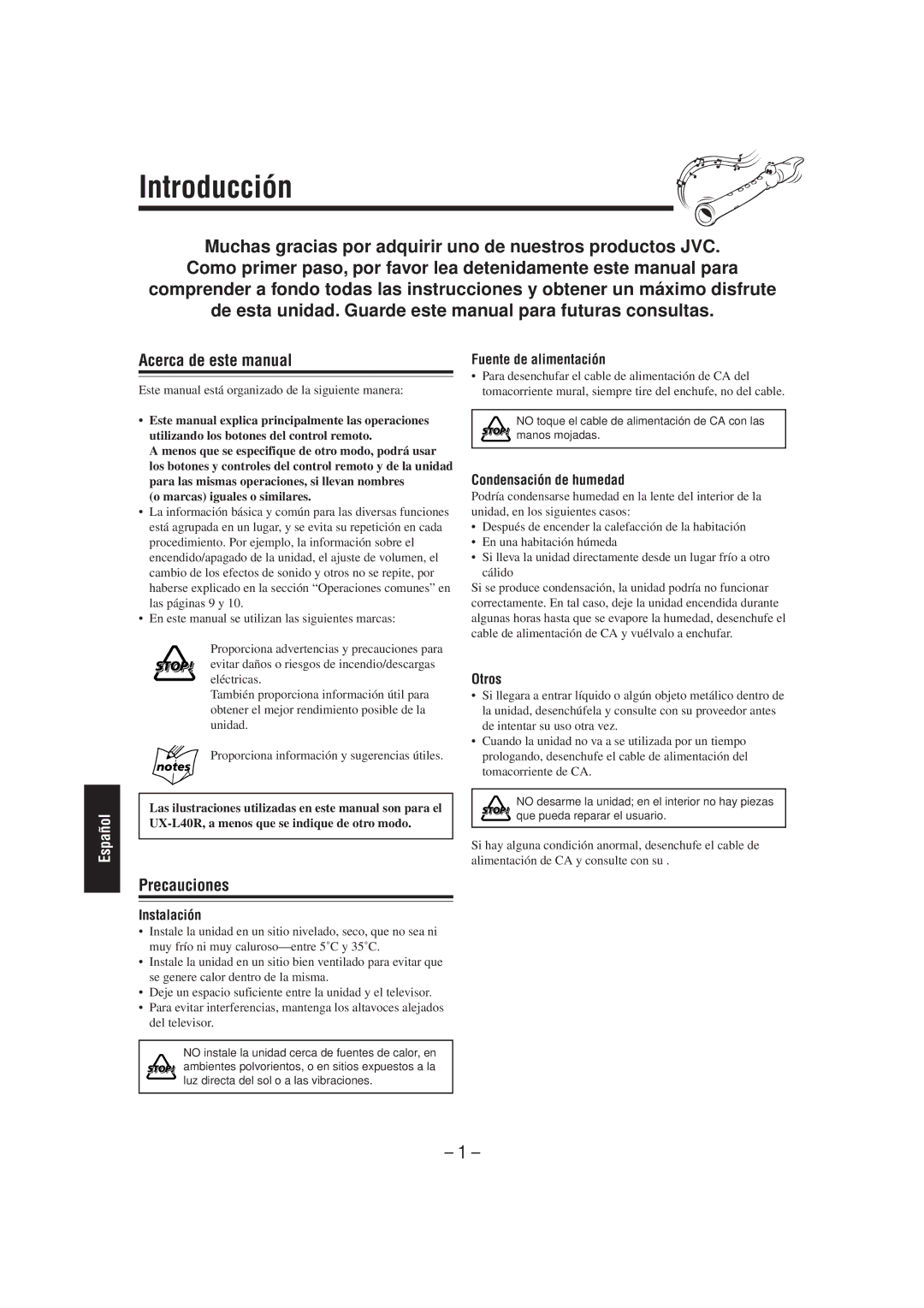 JVC CA-UXL40R, UX-L40R, UX-L30R, SP-UXL30, SP-UXL40, CA-UXL30R Introducción, Acerca de este manual, Precauciones 