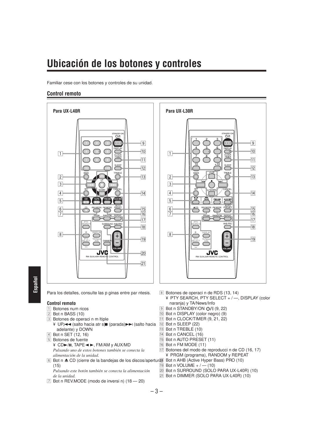 JVC UX-L30R, SP-UXL30, SP-UXL40, CA-UXL40R, CA-UXL30R Ubicación de los botones y controles, Control remoto, Para UX-L40R 