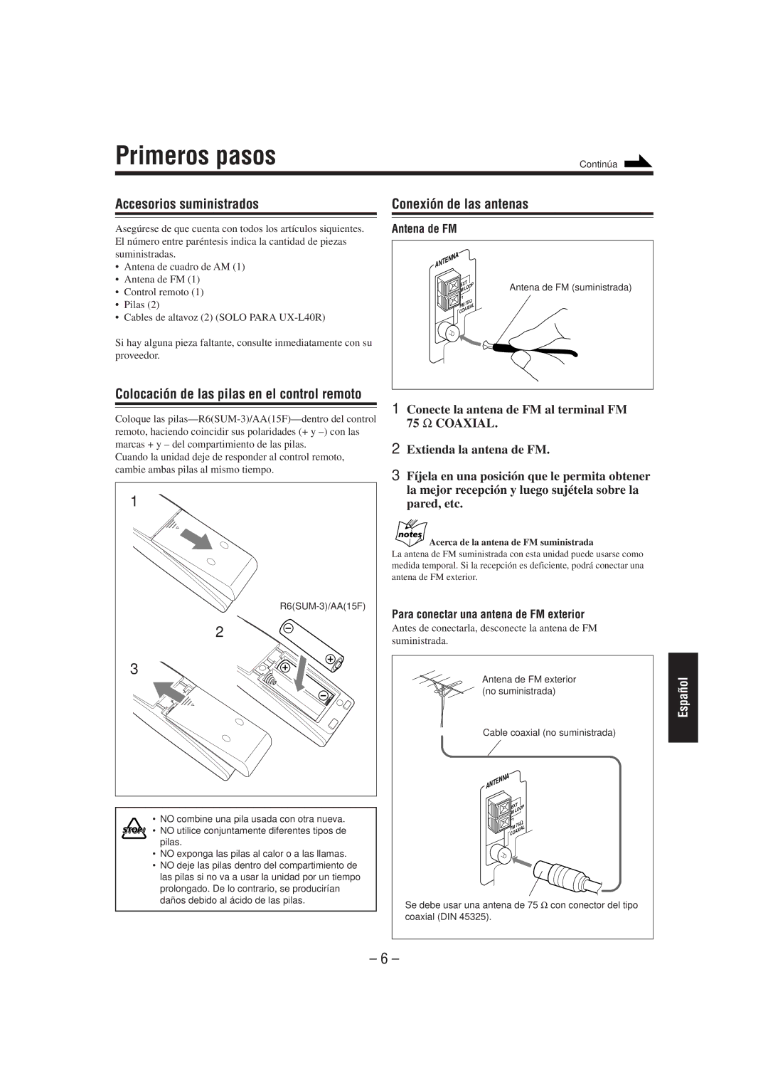 JVC SP-UXL40, UX-L40R, UX-L30R, SP-UXL30, CA-UXL40R manual Primeros pasos, Accesorios suministrados Conexión de las antenas 