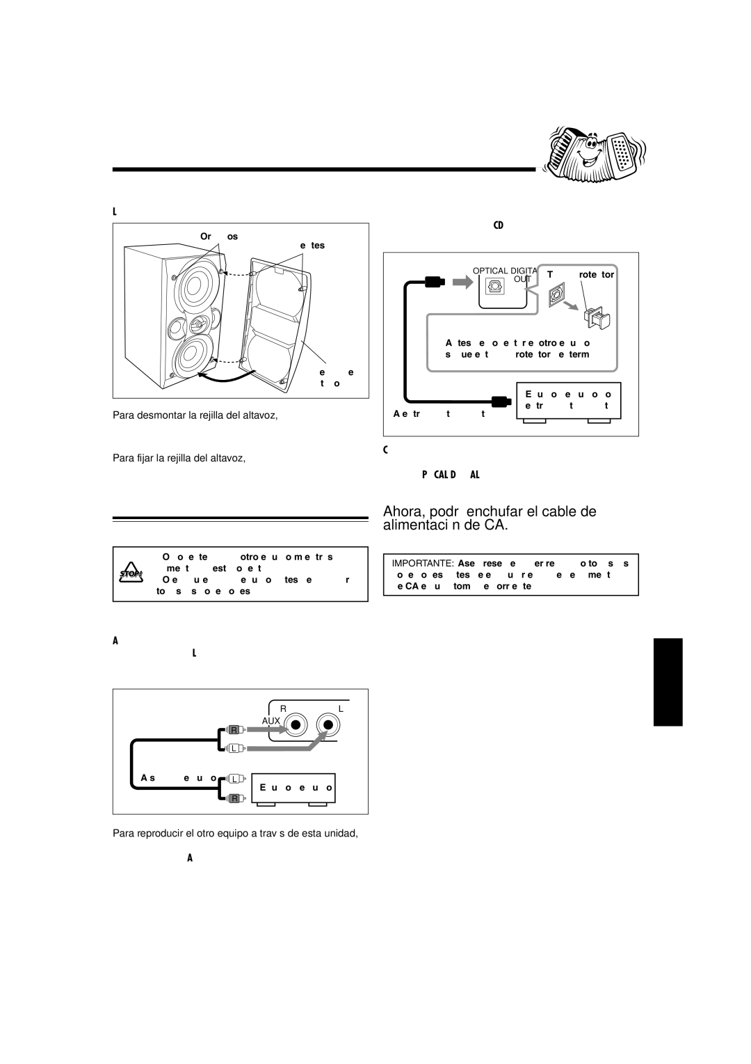 JVC CA-UXL30R manual Conexión de otro equipo, Para retirar las rejillas de los altavoces, Para conectar un equipo de audio 