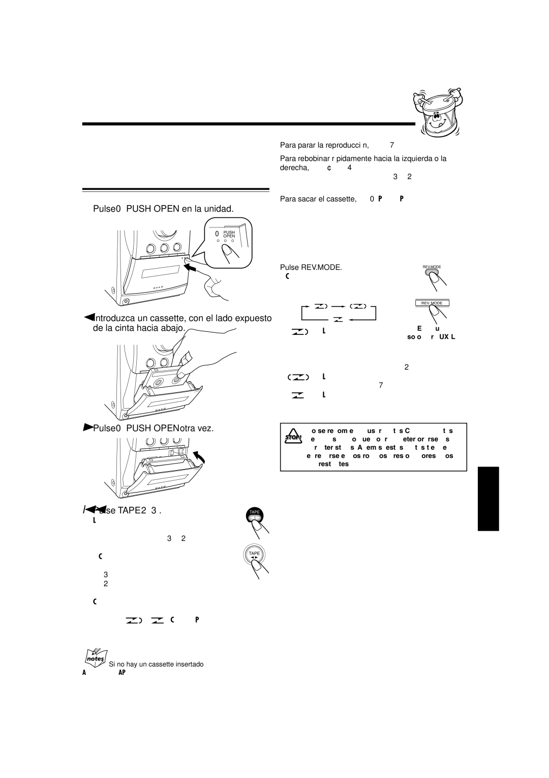 JVC SP-UXL40, UX-L40R Reproducción de las cintas, Reproducción de una cinta, Pulse 0PUSH Open en la unidad, Pulse REV.MODE 
