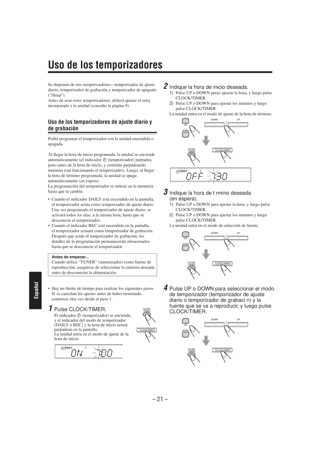 JVC UX-L40R, UX-L30R manual Uso de los temporizadores de ajuste diario y de grabación, Indique la hora de inicio deseada 