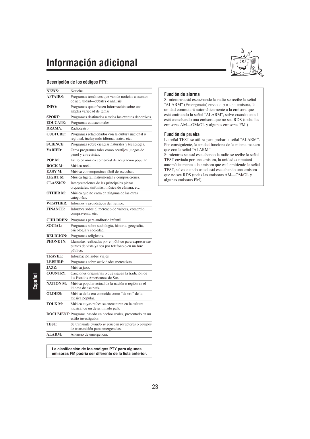 JVC SP-UXL30, UX-L40R, UX-L30R Información adicional, Descripción de los códigos PTY, Función de alarma, Función de prueba 